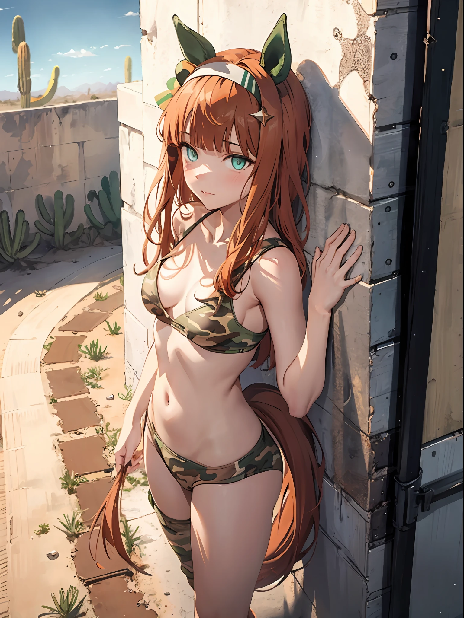 topquality, Horse Girl, Quiet Suzuka, ((Uma Musume))), Perfect skin, realisic skin, Detail Skin, 8K, (Breasts are small:1.5), beautiful breasts, A perfect chest, A serious look, concentration, brown hair, hairlong, Cyan eyes, horse ears, tail on the lower back, light reflection, (Desert camouflage), (View of the girl from below ), desert, Ruins, Whole legs, perfect foots, The girl is hiding behind the wall, combat, conflict, Hiding