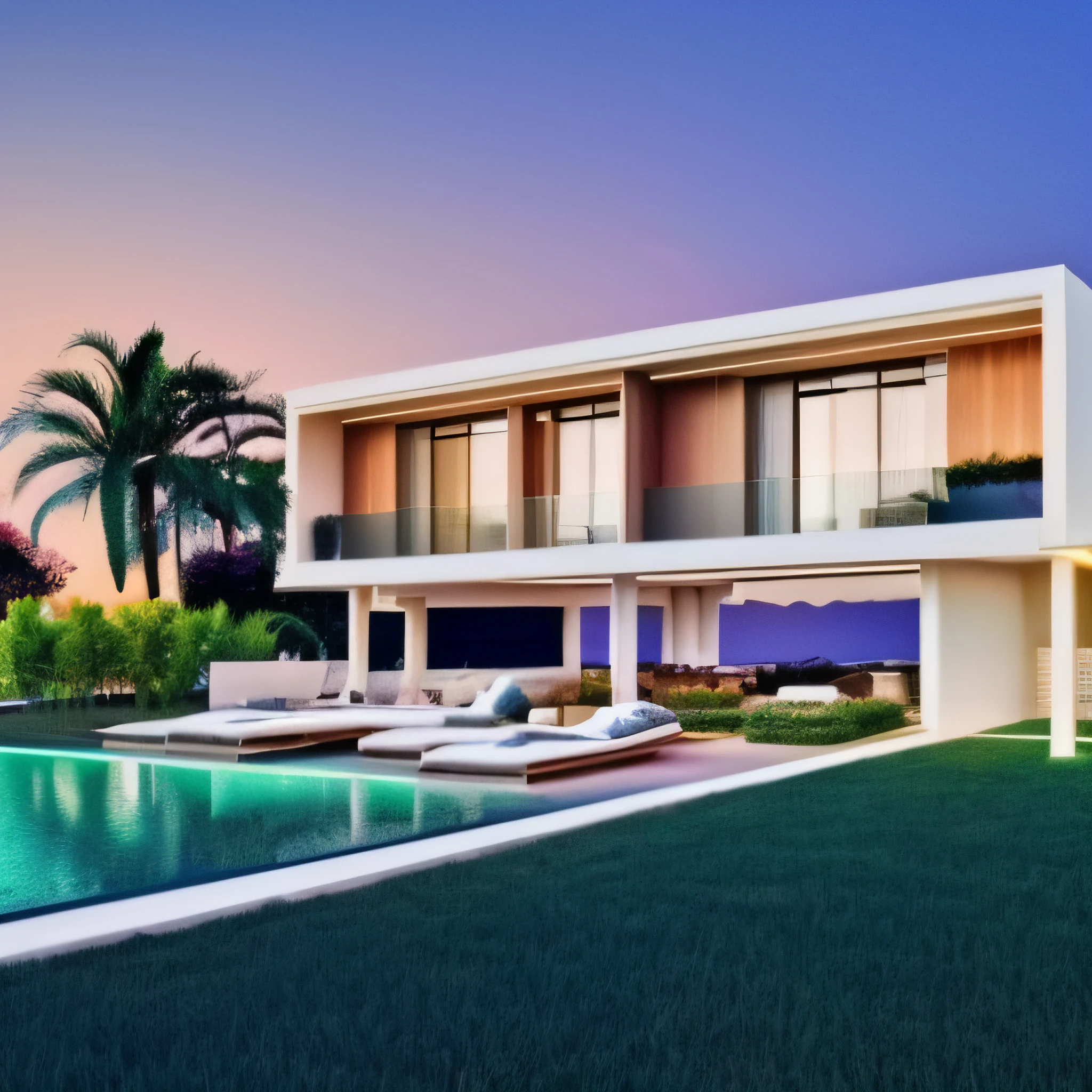 Generate an AI-generated image of a modern architecture house, well-lit, with abundant plants around, set in an early evening environment with the warm glow of a sunset. The image should be formatted appropriately for a Facebook cover photo.