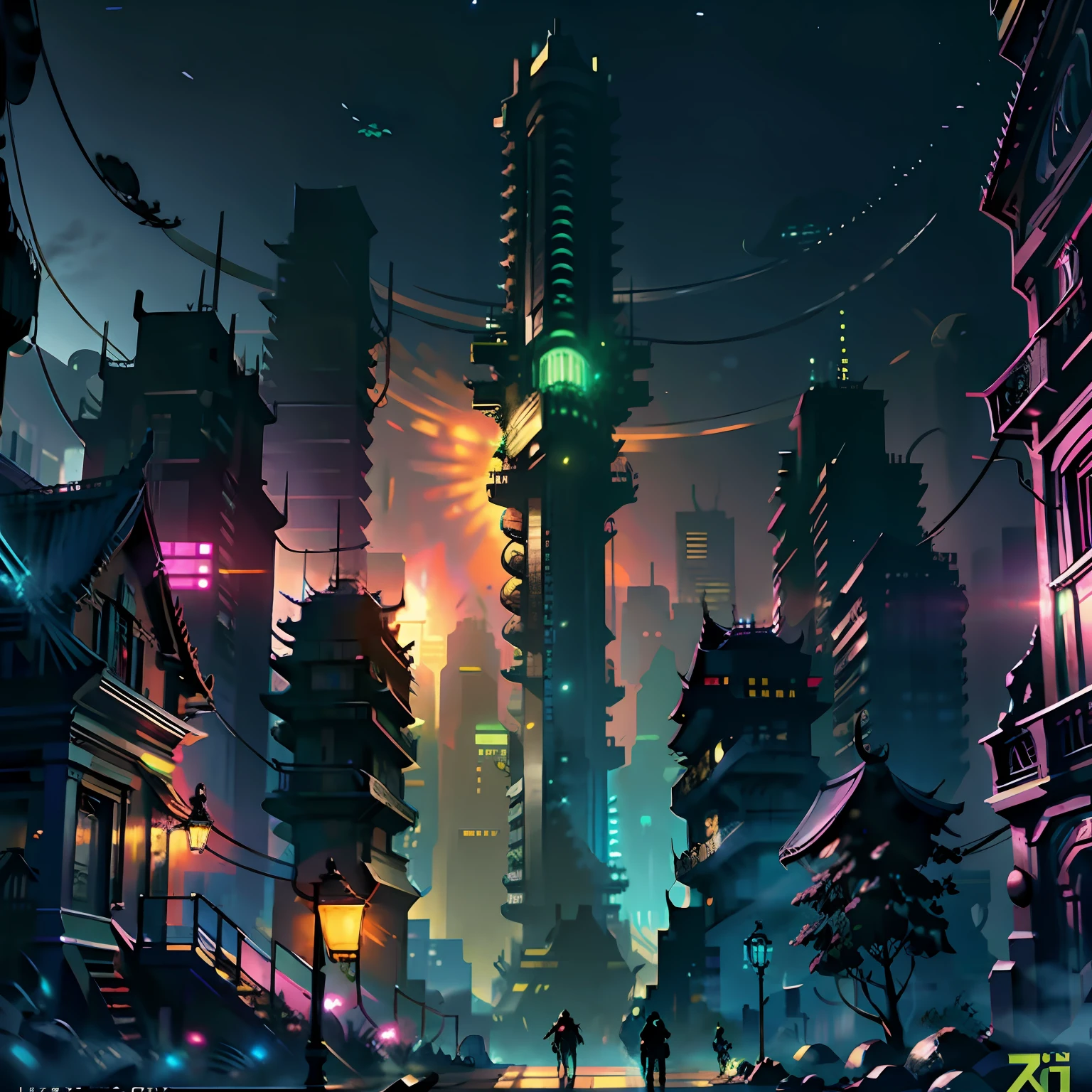 Стиль Ghost Blade, The city in yellow shades, Hero of the Night, glowing lights, Surrounded by enemies, Cosmic tentacles, the stars, Hero riding a snake, dark neon background, 8 k, Photorealistic, hyper-detailing, Ultra Detailed, 4 thousand., Ultra Detailed, Pink contrasting lines, Green flashing, Glow, cinematiclight, Concept art, HDR, Smooth, sharp-focus, Cinematic lighting, hiquality, cgsociety