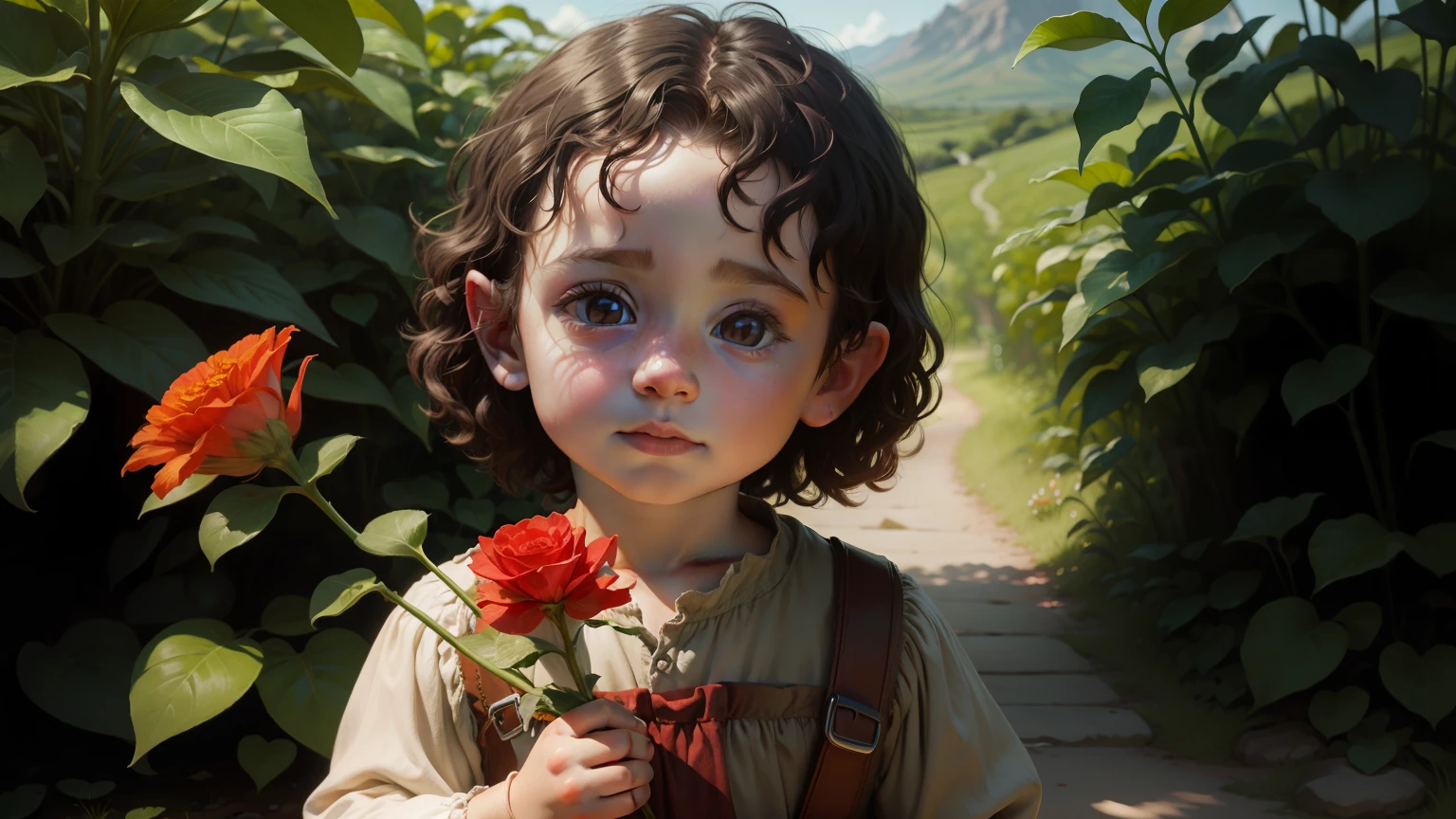 Portrait of a  Frodo Baggins holding a small red flower in his right hand.