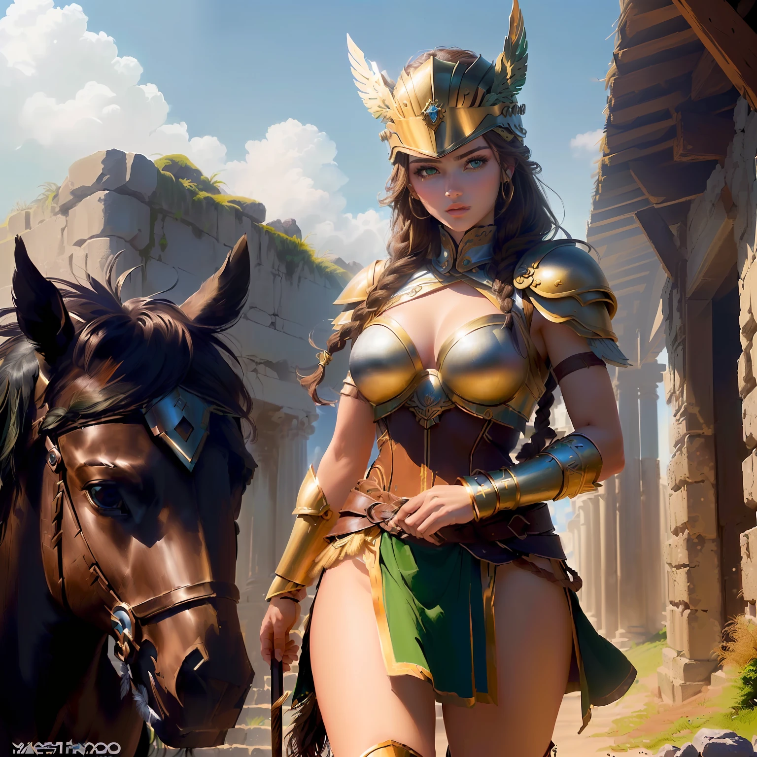 (best quality, master part, Melhor_qualidade, circunstanciado:1.5), Amazonian Warrior (Greek Mythology): Wearing well-worn leather or bronze armor, wearing a worn helmet or headband, and a faded Greek flag patch, symbolically, with brown hair in a braided hairstyle and adorned with feathers, complemented by intense green eyes in an epic mythical landscape