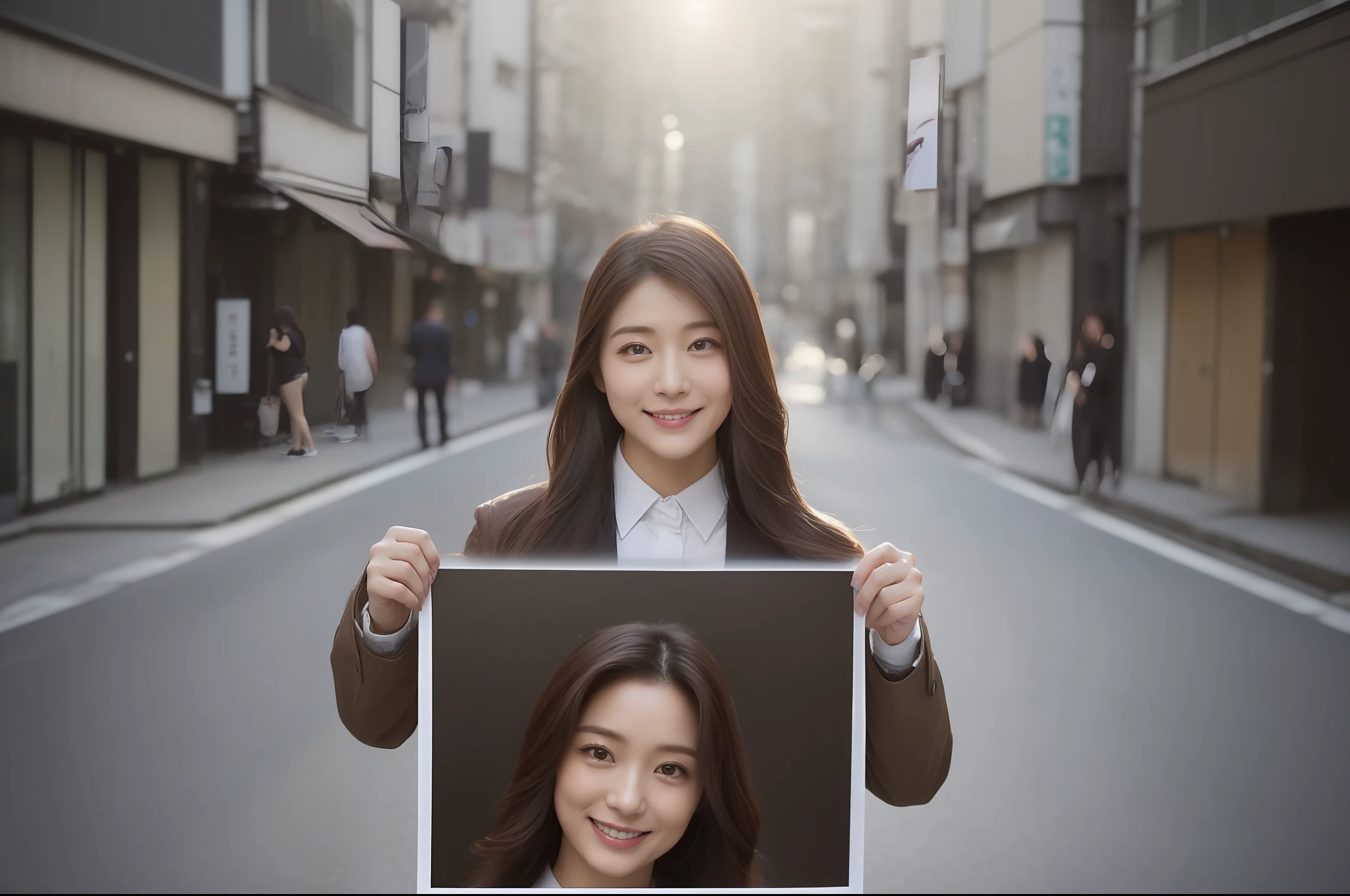 ((top-quality、8K、​masterpiece:1.3))、foco nítido:1.2、Perfect Body Beauty:1.4、Slim abs:1.2、((Dark brown long hair、Colossal tits:1.2))、(natural soft light、street corner:1.2)、Highly detailed facial and skin texture、A detailed eye、(二重まぶた)、(((dynamic ungle))),Streets of Tokyo、Silver thin necklace、Smiling、White slim knit shirt、Fit-fitting shirt、Gentle expression、Beautie、Wavy Hair、Symbol of the Japan gal、Light makeup、(Holding a photo with both hands)、I'll show you the pictures I have.、Introduction to what you have、28 year old