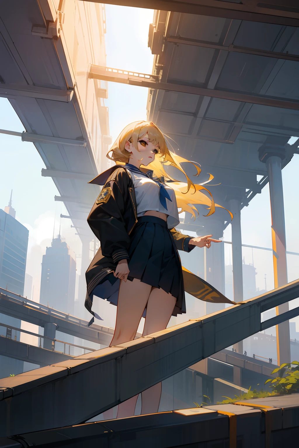 ​masterpiece、top-quality、Exceptional detail、underdrain、pipes、Under the overhead、Highway、futuristic cities、Whale flying in the sky、a 18 year old girl、Golden hair、large full breasts、a sailor suit、Open jacket、skirt by the、Sharp Images、Fashionable、Sateen、