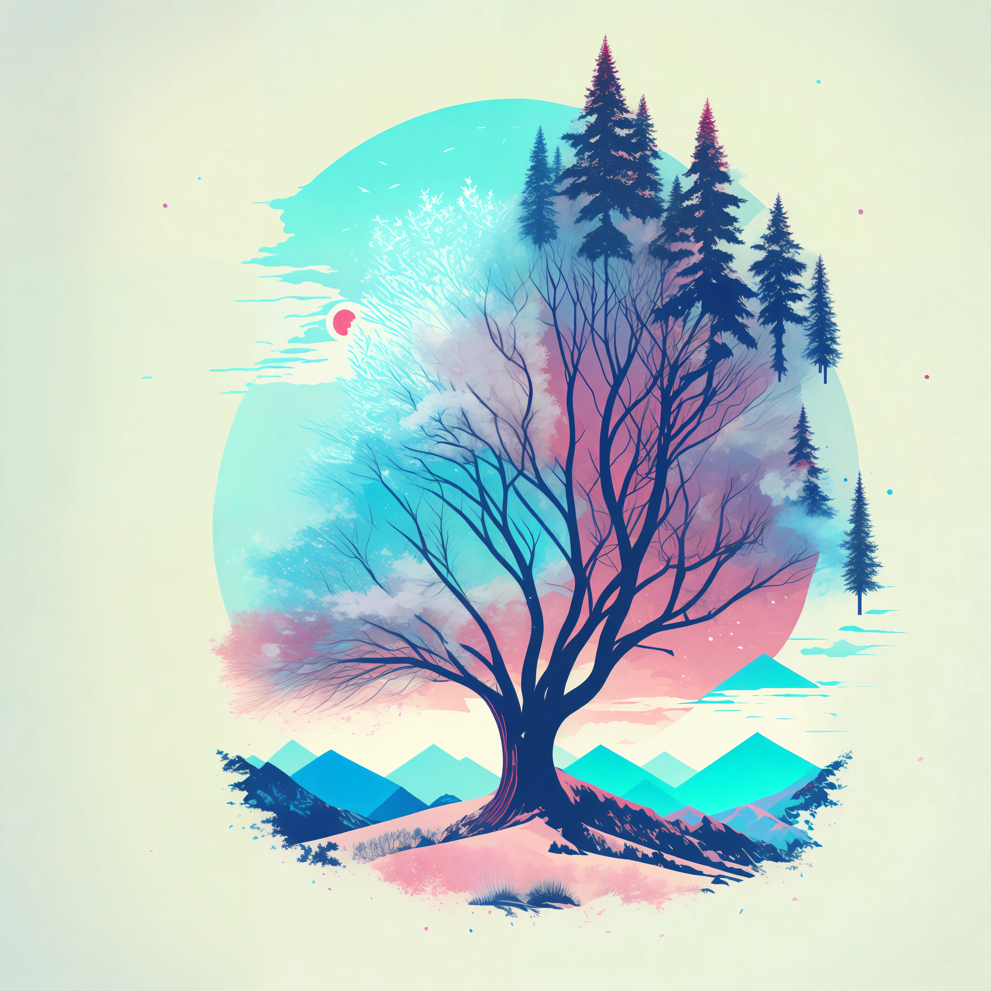 a spruice tree in a winter landscape, tshirt design, rzminjourney, vector-art