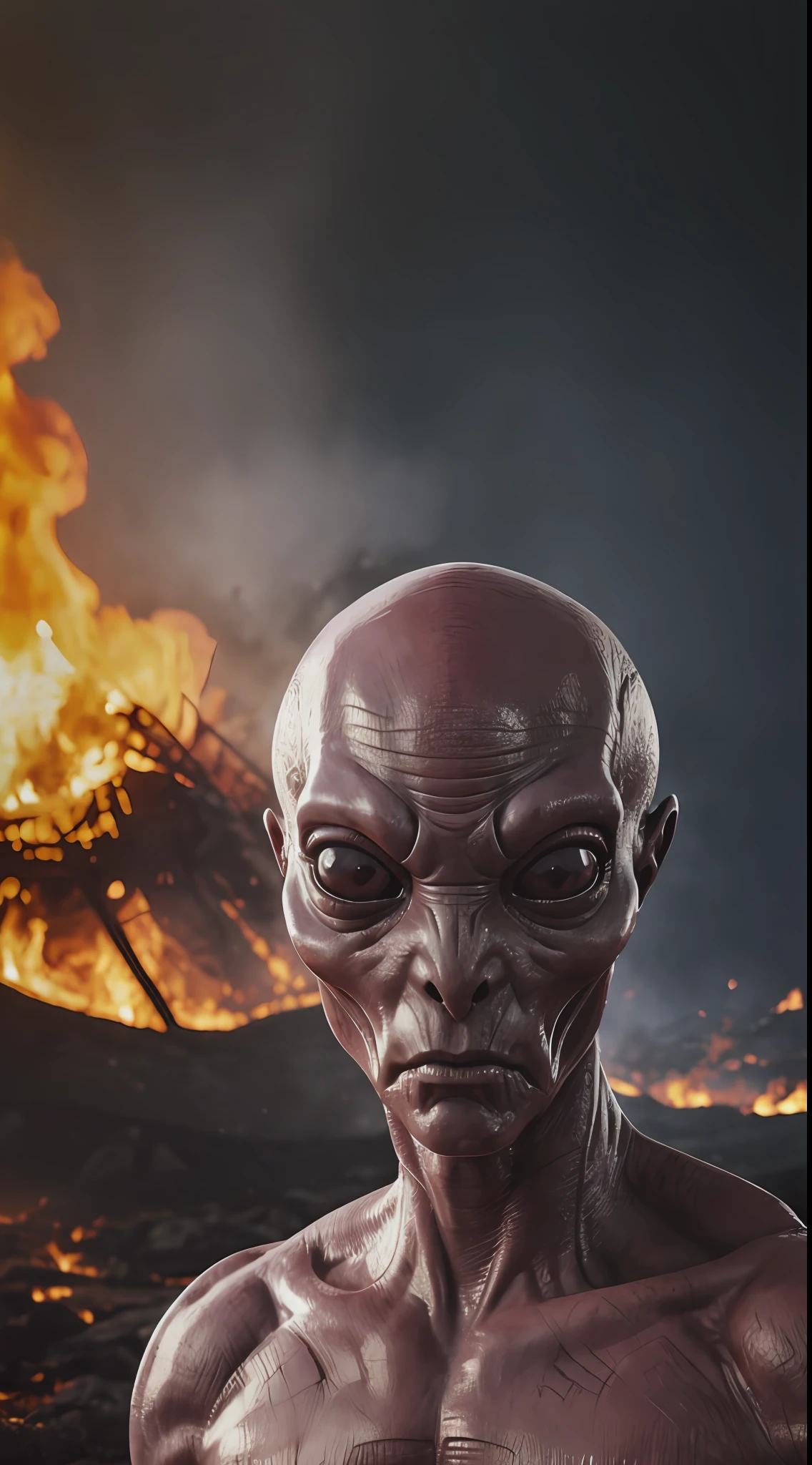 1 gray alien, com Olhos vermelhos, hiper realista, fazendo uma selfie no inferno, background do inferno ao fundo, altamente detalhado, High resolution of a realistic and quality photo, alien in hell, cinza, vermelho, Olhos vermelhos