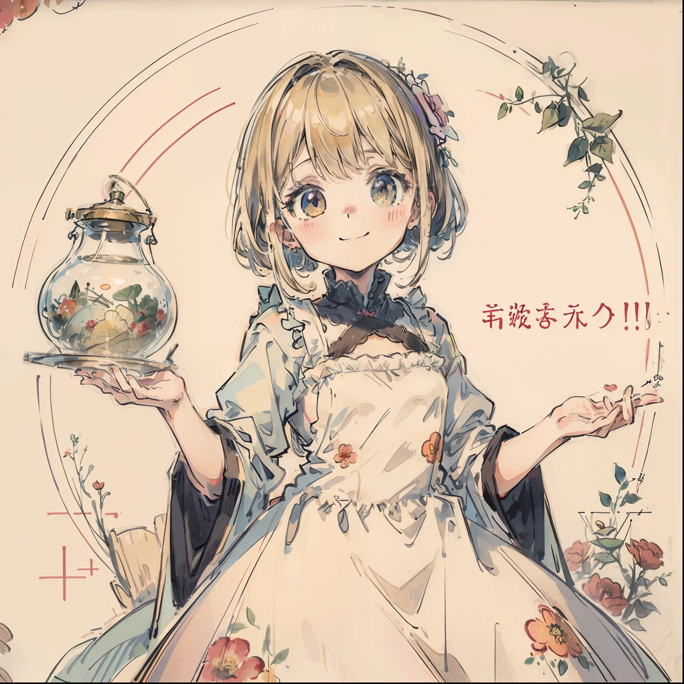 (top-quality、masterpiece)、2girl with、20yr old、A stunning、cute little、Warm smile、Hourglass diagram、Floral dress、pinafore、foods、Texto、charted、advertisement、