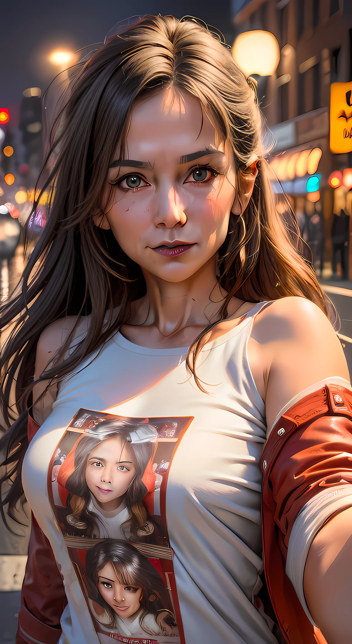 There is a woman, who takes a selfie on the street, realistic 4k digital art, realistic 4k digital art, Close-up portrait of a character, beautiful digital artwork, 8K Artgerm Bokeh, photorealistic artstyle, artwork in the style of guweiz, realistic art style, photorealistic anime girl render, cgsociety portrait, wojtek fus