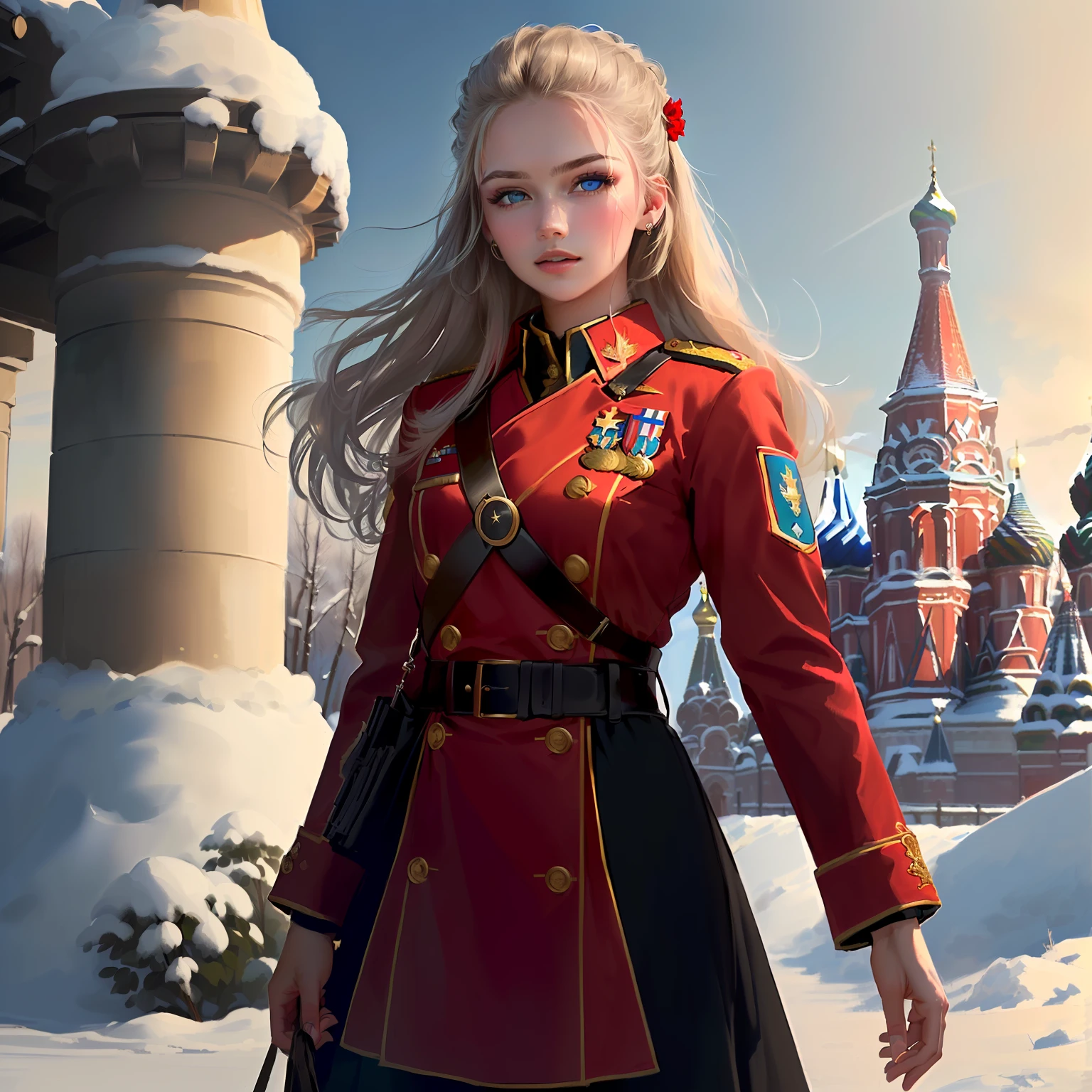 (best quality, master part, Melhor_qualidade, circunstanciado:1.5), Women's Red Army Fighter (Russia, Wwii): Wearing standard Red Army uniforms, and a faded piece of the Soviet Union's flag, com cabelos castanhos curtos e elegantes, paired with piercing blue eyes in an epic Russian landscape.