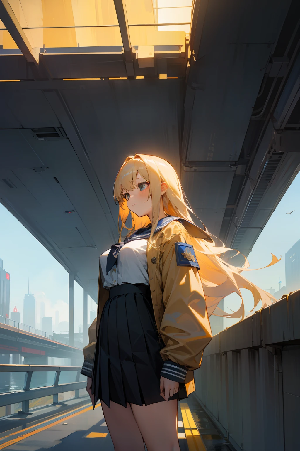 ​masterpiece、top-quality、Exceptional detail、underdrain、pipes、Under the overhead、Highway、futuristic cities、Whale flying in the sky、a 18 year old girl、Golden hair、large full breasts、a sailor suit、Open jacket、skirt by the、Sharp Images、Fashionable、Sateen、