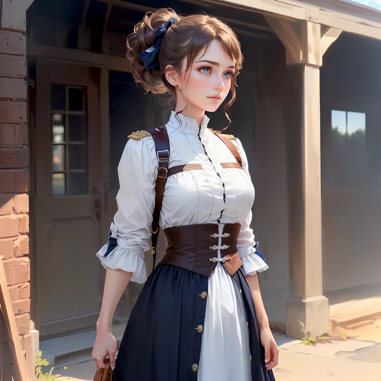 (best quality, master part, Melhor_qualidade, circunstanciado:1.5), Female Fighter in the American Civil War: Depending on the side, wearing used Union or Confederate uniforms, and bearing a faded Union or Confederate flag patch depending on the side, with brown hair tied in a low ponytail and captivating hazel eyes in an epic American landscape.