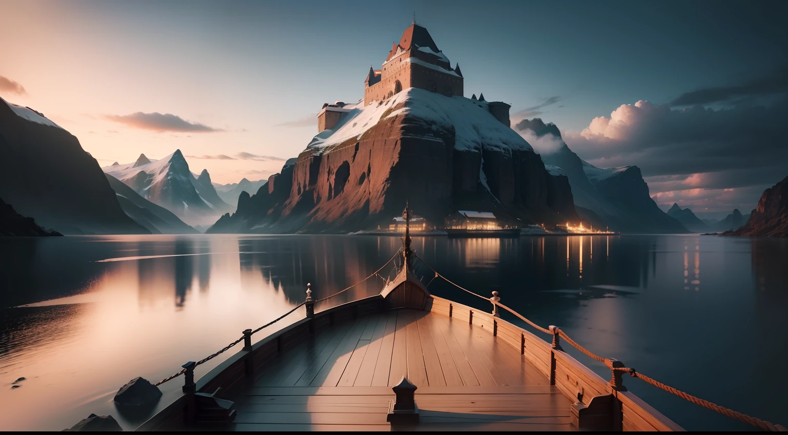 "Create a stunning image with a view from the deck of a Viking ship, enquanto a neve cai suavemente ao redor. Feel transported to the era of the ancient Norse warriors, observing the stunning scenery around the ship. Let yourself be enveloped by the epic and mysterious atmosphere, com os guerreiros vikings prontos para desbravar os mares gelados. Explore the grandeur of these legendary vessels and embark on a thrilling visual journey, full of history and courage."