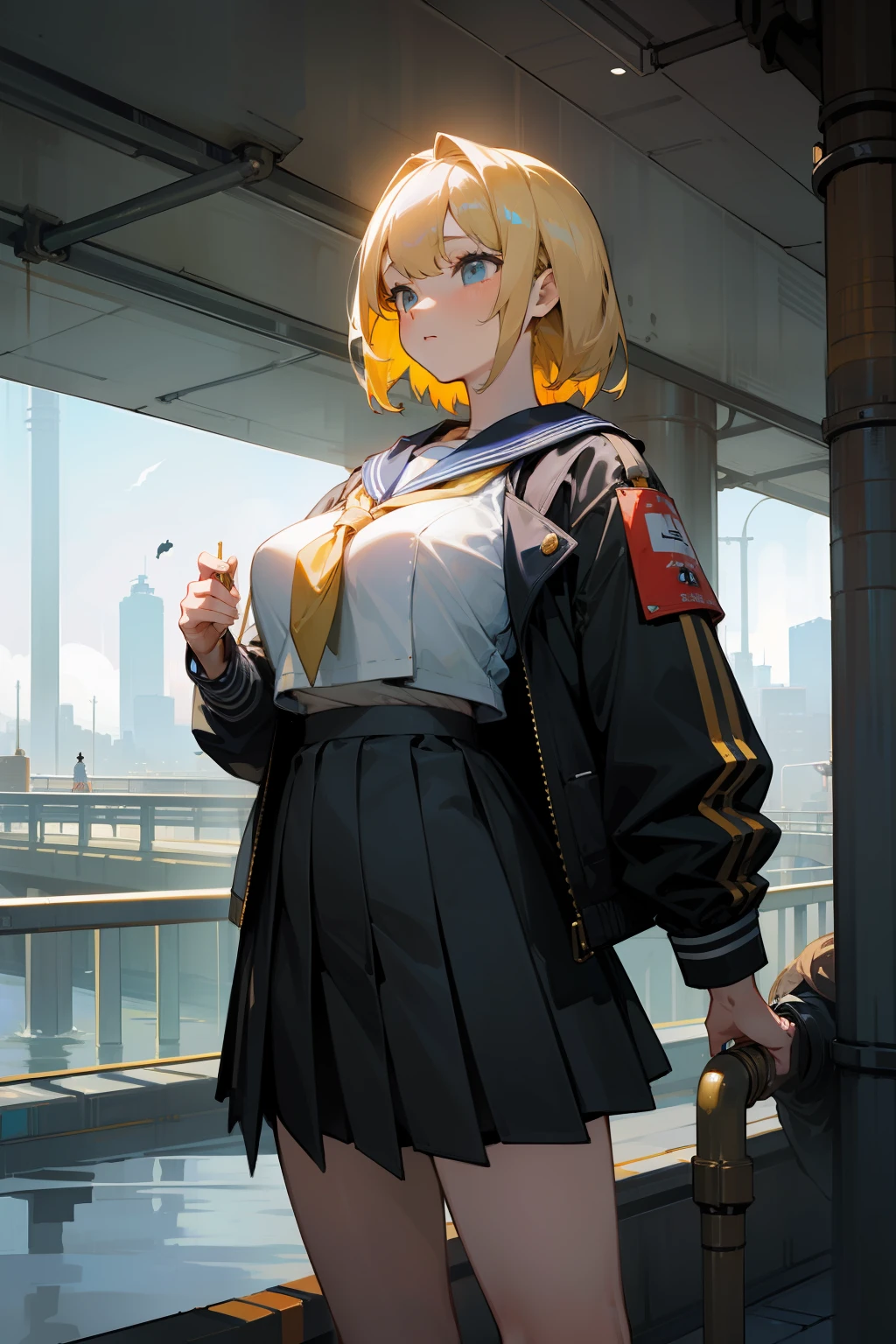 masterpiece、top-quality、Exceptional detail、Underdrain、pipes、Under the overhead、Highway、Futuristic cities、Whales flying in the sky、a 18 year old girl、Golden hair、large full breasts、a sailor suit、Open jacket、skirt by the、Sharp Images、Fashionable、Sateen、