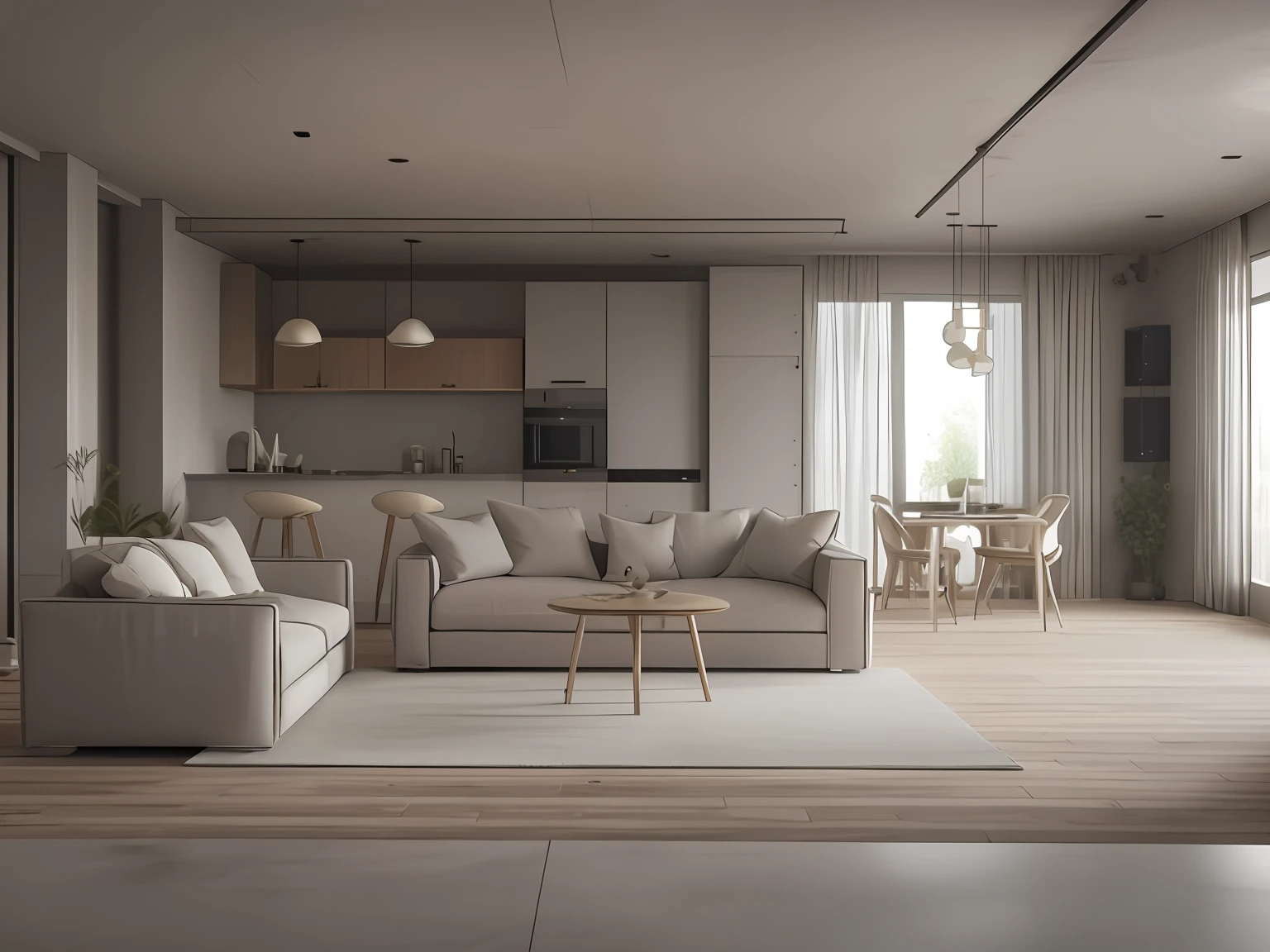 Living room, well arranged livable space, homy, (couch:1.3), (coffee table:1.3), (armchairs:1.3), dining table with chairs, kitchen island, , Modern design, clean lines, geometric shapes, neutral colour panel, simplicity and functionality, use of glass, steel, concrete