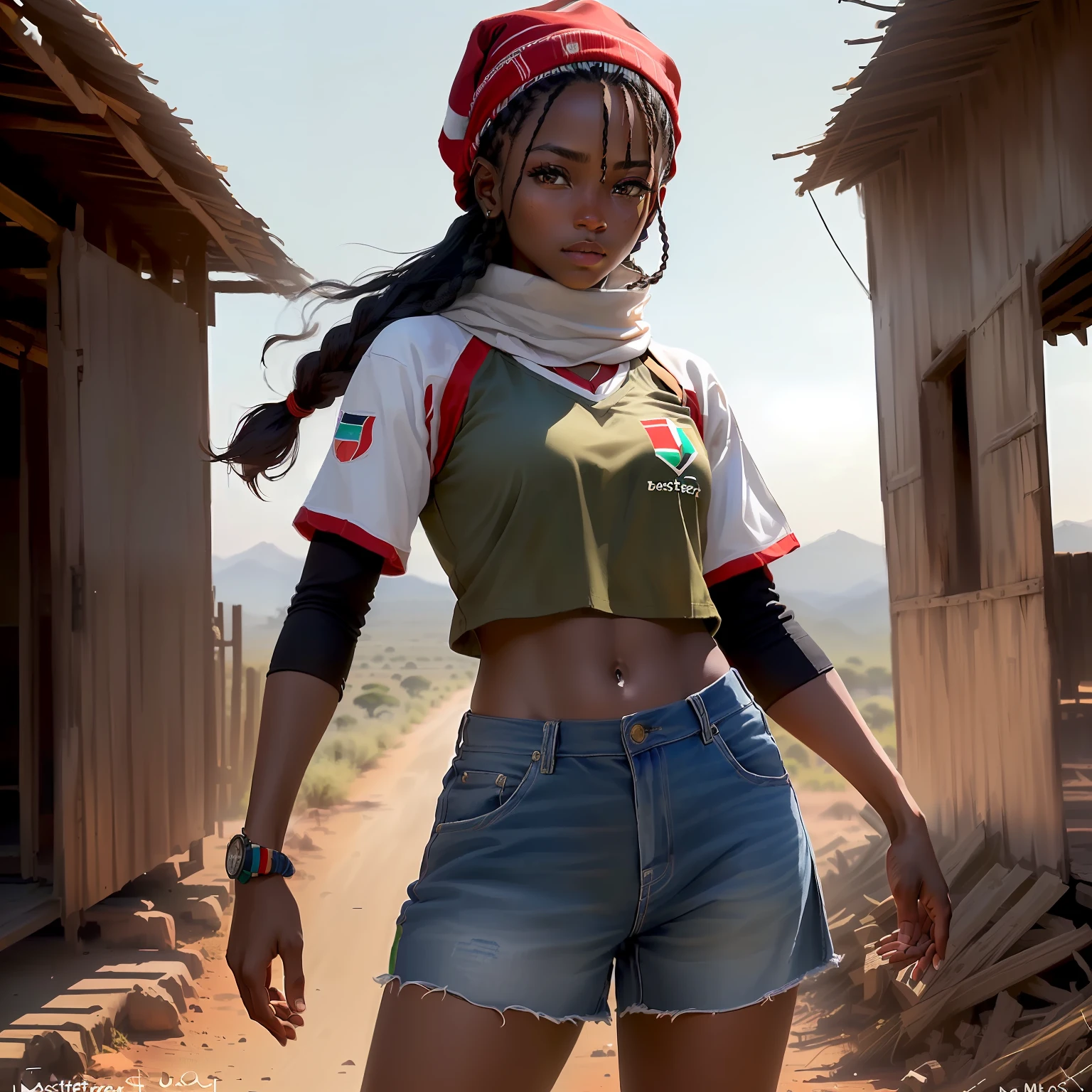 (best quality, master part, Melhor_qualidade, circunstanciado:1.5), Female Mau Mau Fighter (Kenya): Wearing simple, well-worn civilian clothes, wearing used headscarf or hat, and a faded Kenyan flag patch, with black hair in a braided style and intense brown eyes in an epic Kenyan landscape