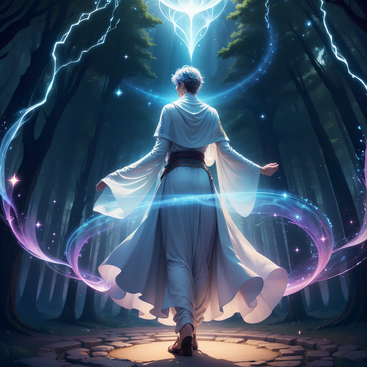 Draw an image that represents the Reflexus journey - a magical journey of self-discovery and transformation. In the image, show an individual searching for their inner essence, surrounded by a glowing aura of energy. In the background, depict an enchanted forest, full of majestic trees and glowing fireflies. The individual has their back to the camera, reflected in a magic mirror, which symbolizes their connection to their true nature. Convey the feeling of peace, serenity and empowerment that this journey provides. Use vibrant colors and subtle details to create a mystical and uplifting atmosphere. Let the idea that, when embarking on this journey, the individual finds an inner wisdom that leads him to a fuller life and connected with himself and with the universe.