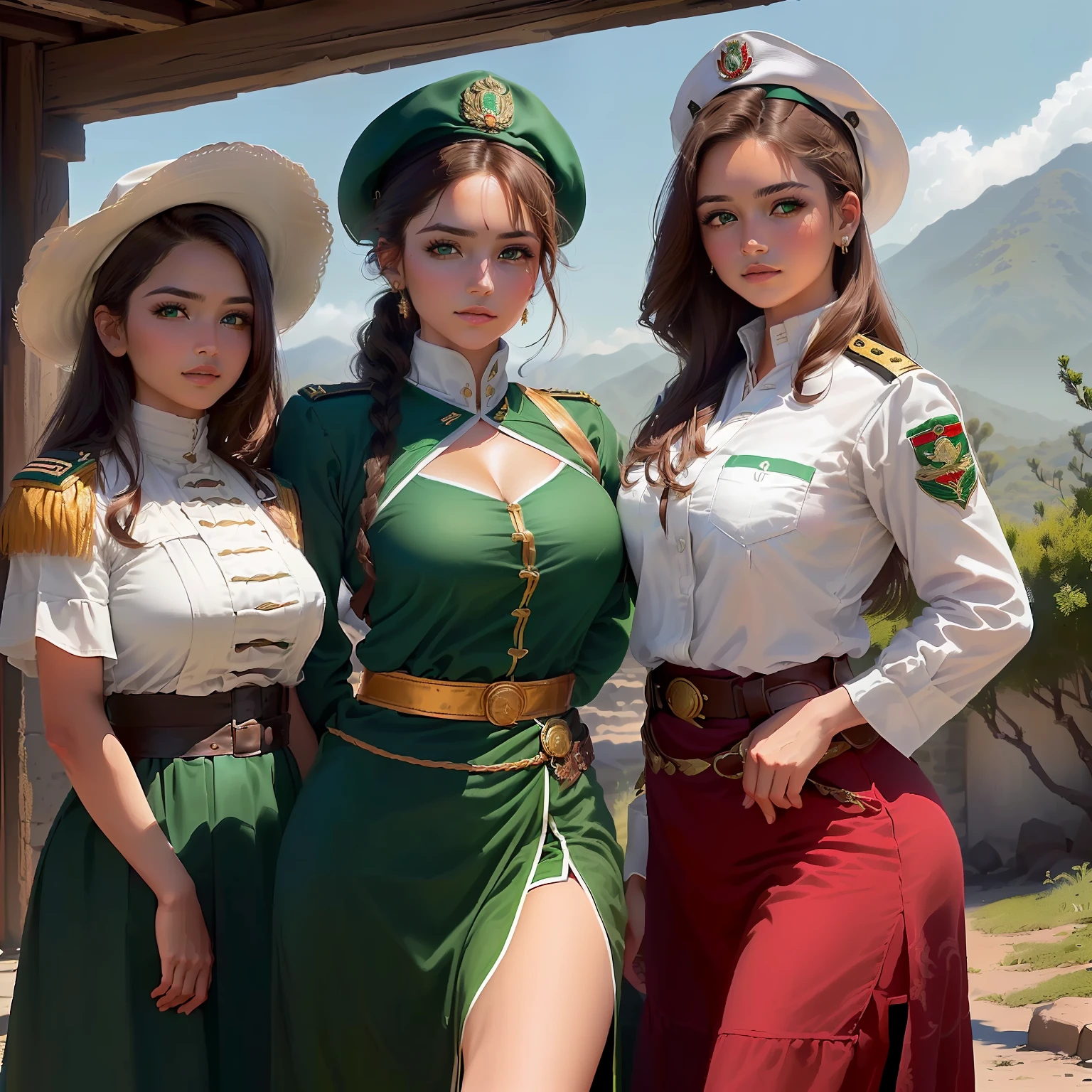 (best quality, master part, Melhor_qualidade, circunstanciado:1.5),Female Fighter in the Mexican Revolution: Wearing traditional Mexican clothing or worn military-style uniforms, wearing aged bandana or hat, and an old Mexican flag patch, with brown hair and an aged bandana, complemented by mesmerizing green eyes in an epic Mexican landscape