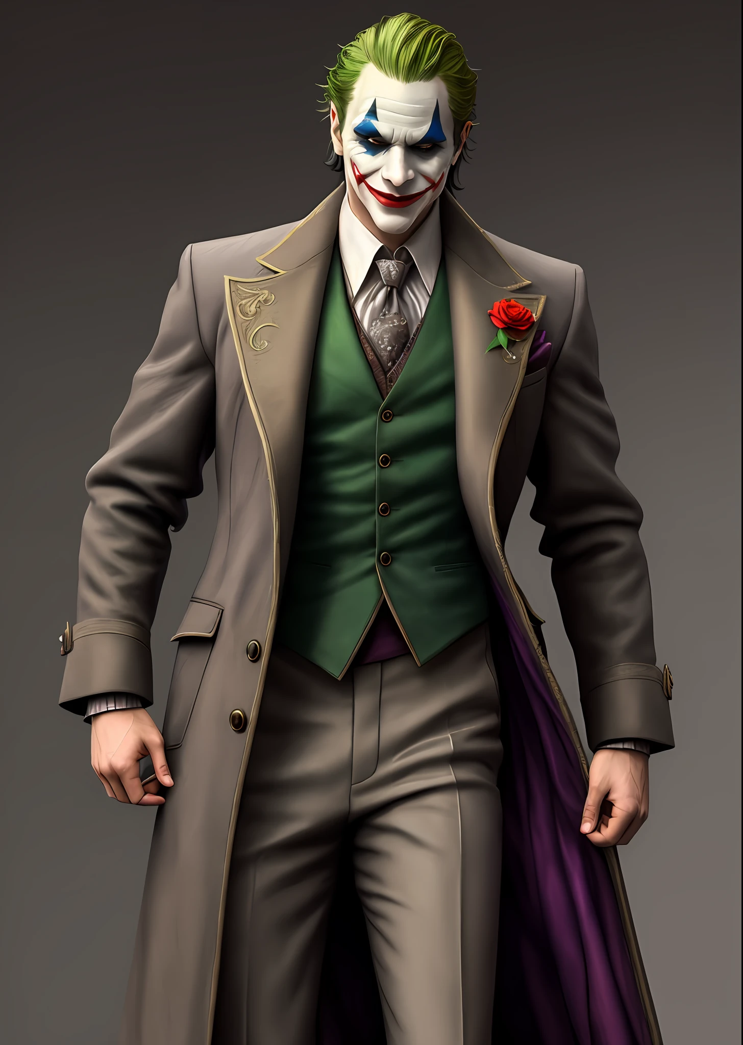 A Joker, epic, (realistic:1.3), faded, neutral colors:0.15, (concept art), ((((hdr)))), ((muted colors)), intricate scene, artstation, hyperdetailed, cinematic shot, warm lights, dramatic light, intricate details, vignette, complex background, [[purple trench coat, green vest]], geometric pattern tie, slate atmosphere, (looking at viewer), (smirk|smug), contrapposto, volumetric light, dramatic, good proportions, good anatomy, award winning, masterwork, masterpiece,