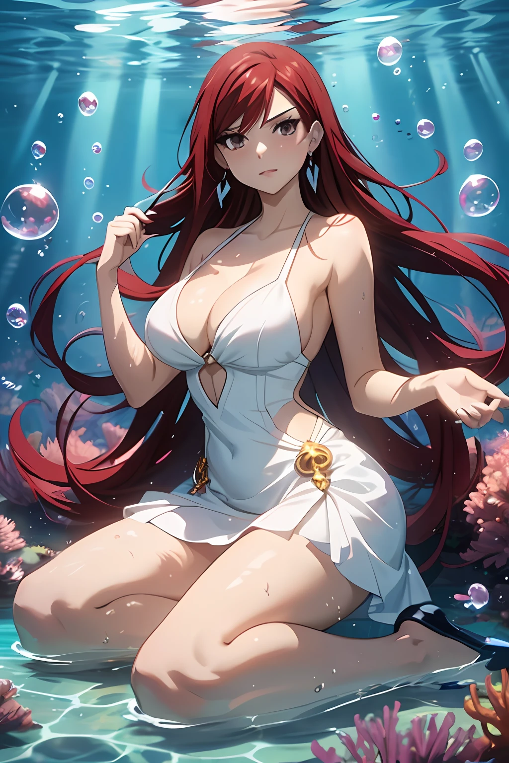 1girl, solo, erza scarlet, fairy tail, red hair, brown eyes, dress, long hair, breasts, underwater, cleavage, bubble, white dress, air bubble, jewelry, large breasts, earrings,full body