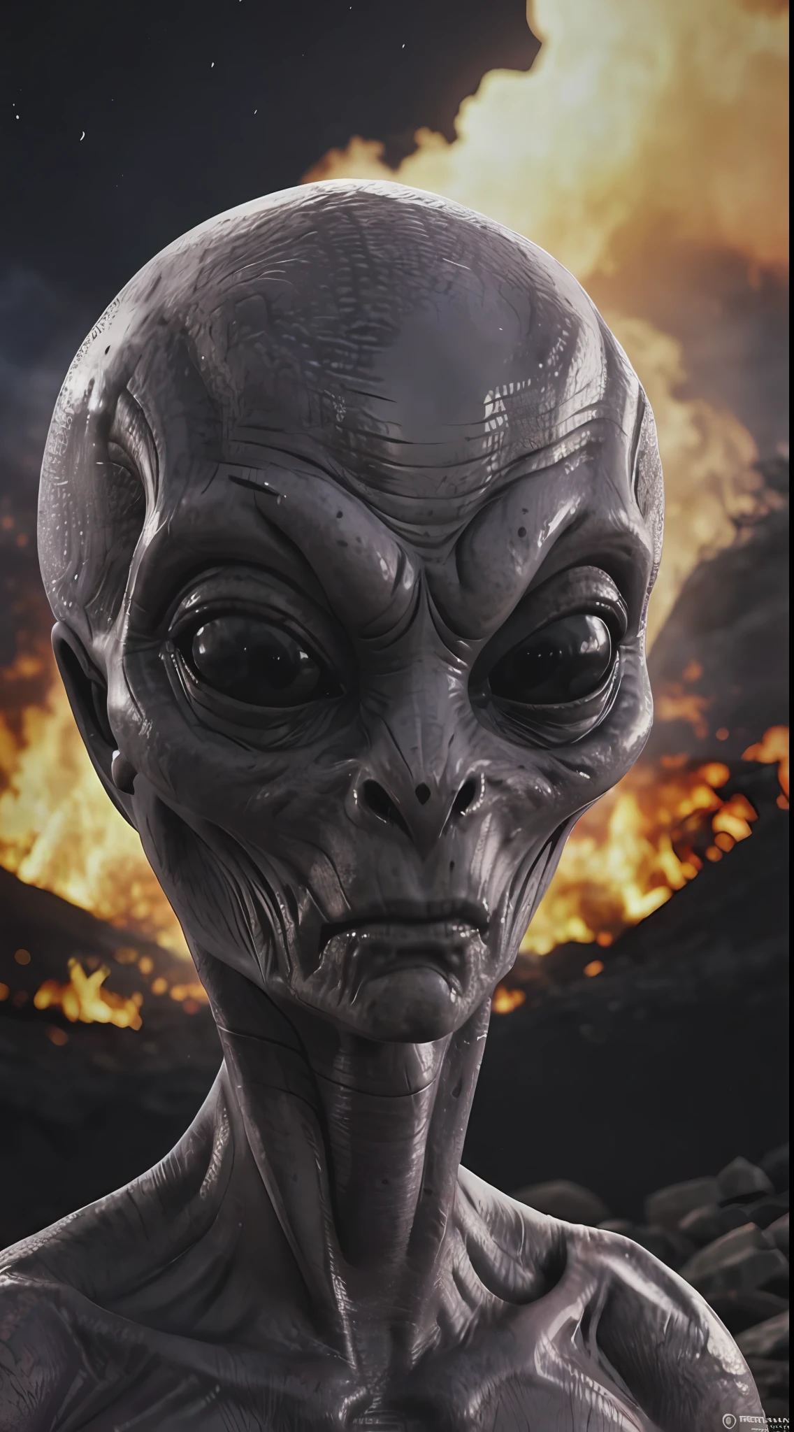 1 gray alien, com olhos vermelhos, Hiper realista, fazendo uma selfie no inferno, background do inferno ao fundo, altamente detalhado, High resolution of a realistic and quality photo, alien in hell, cinza, vermelho, Olhos vermelhos