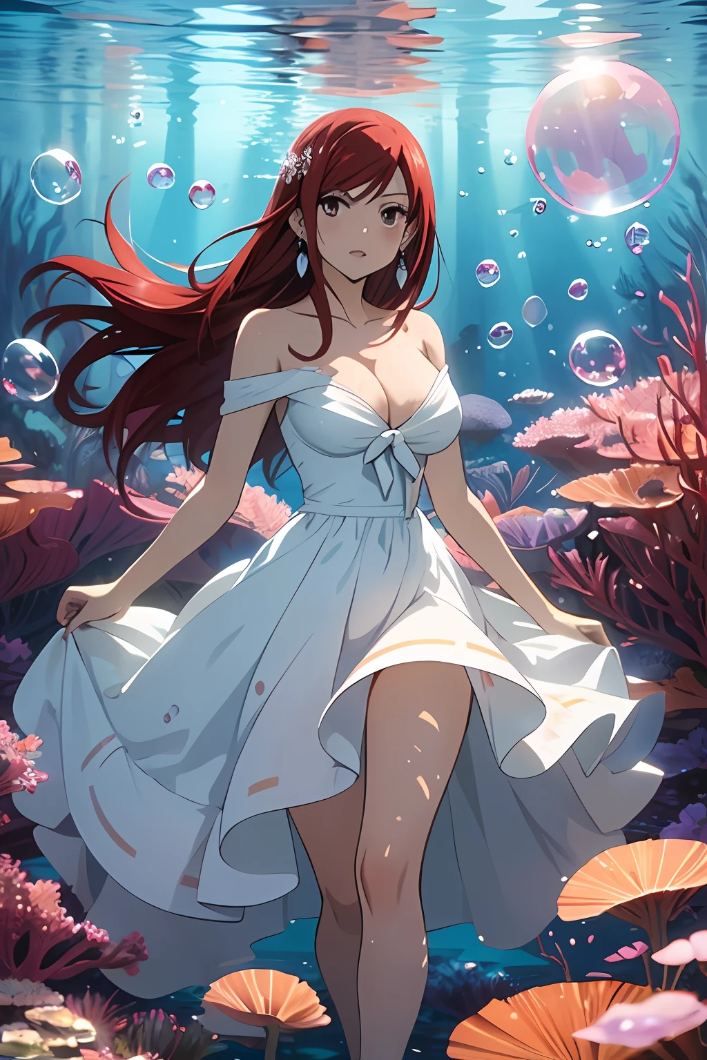 1girl, solo, erza scarlet, fairy tail, red hair, brown eyes, dress, long hair, breasts, underwater, cleavage, bubble, white dress, air bubble, jewelry, large breasts, earrings,full body