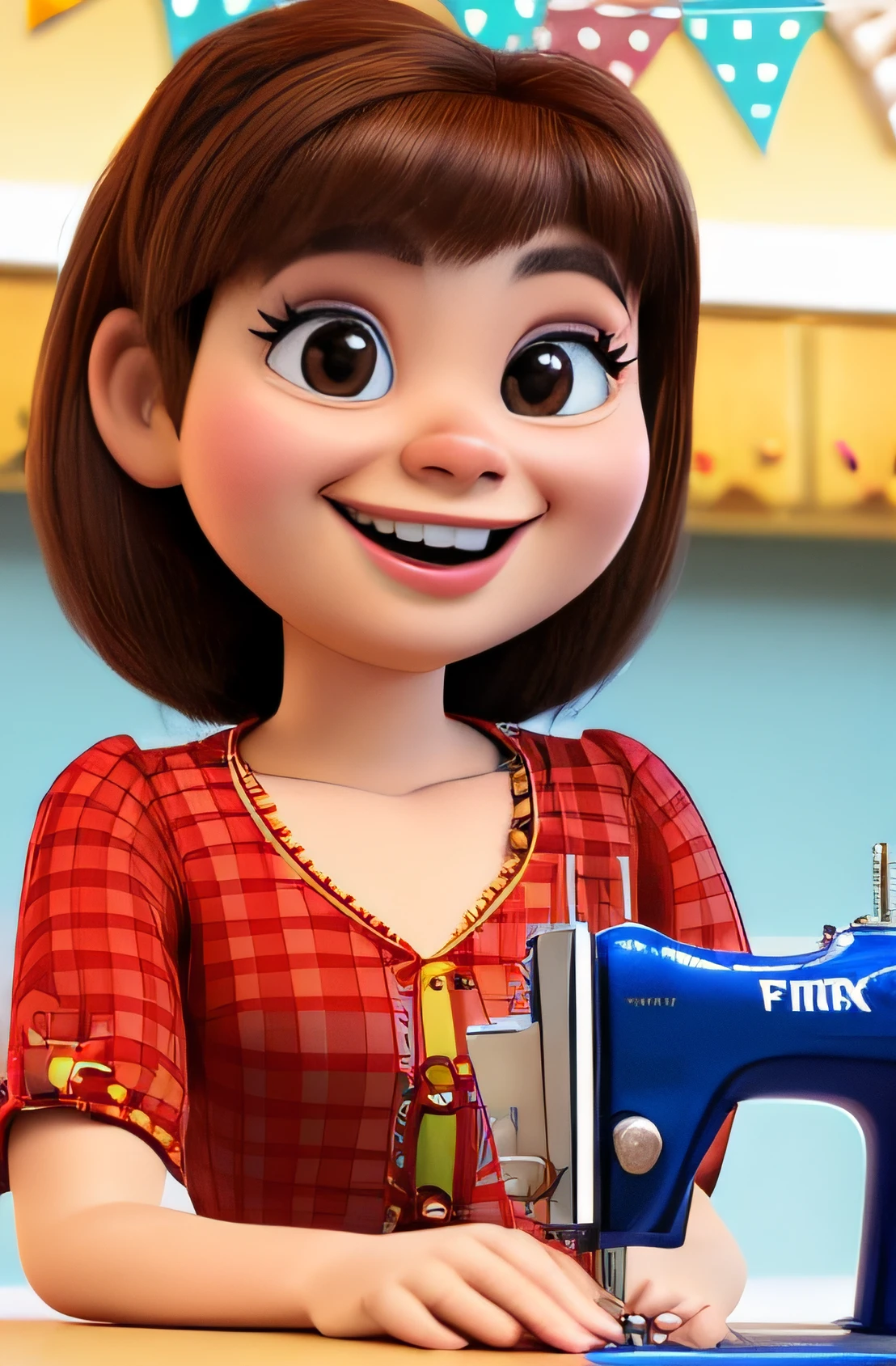 a seamstress using a sewing machine looking into the camera and saying "sorria" no estilo pixar disney 3d