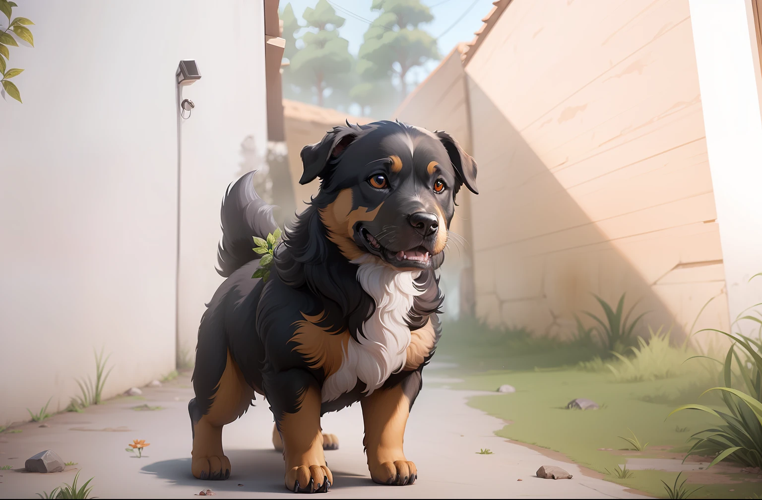 Substitua o fundo, deixe o cachorrinho, coloque uma floresta sombria, RPG game scenario