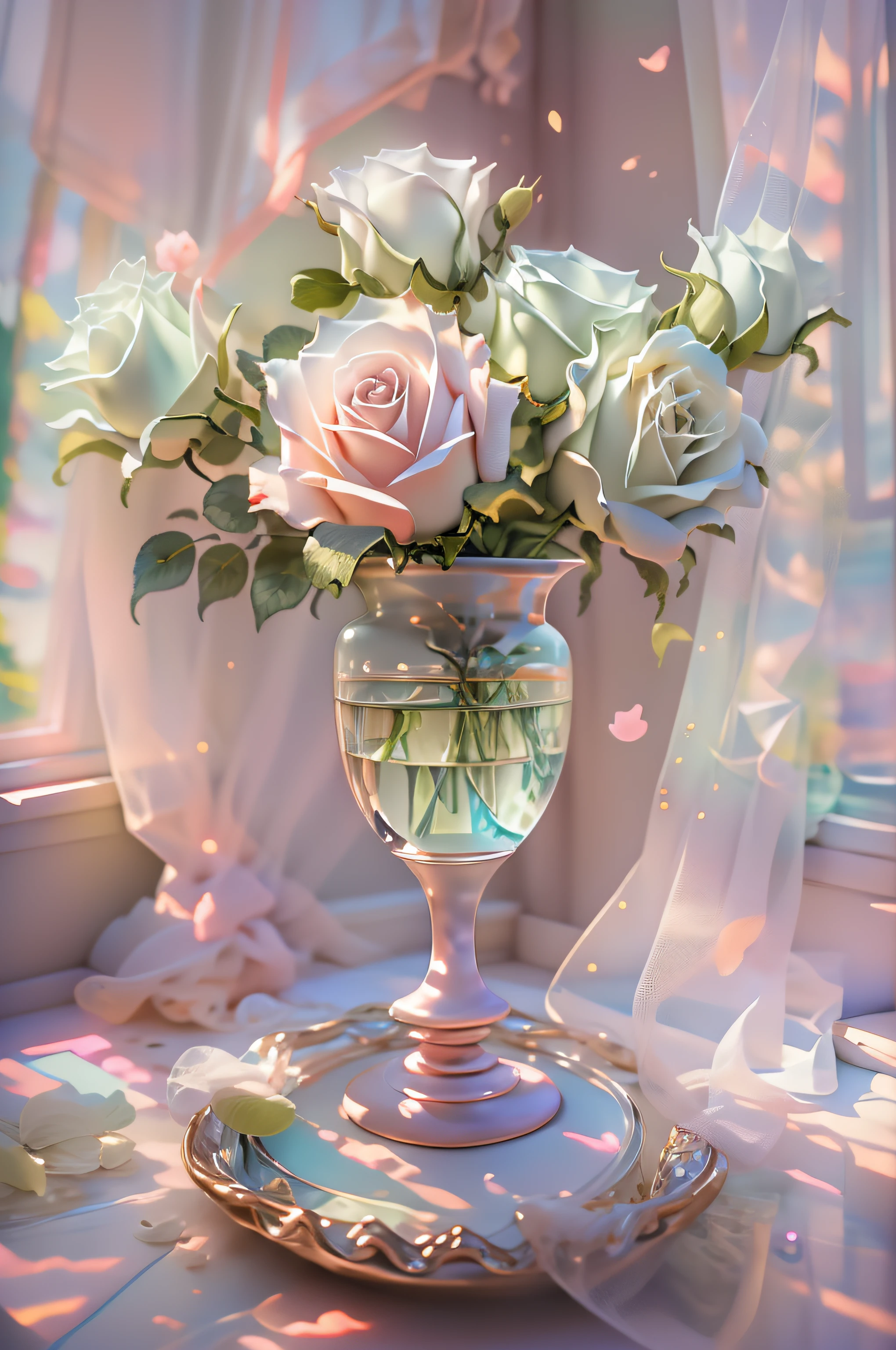 Delicate vase with aurora color and luster，White roses，Tulle curtains，beside the window，The sun shines in，The light from the back window is backlighted，Background blank， Ultra-clear details， high high quality， 8K，tmasterpiece，𝓡𝓸𝓶𝓪𝓷𝓽𝓲𝓬，Beautiful，stunning detailed