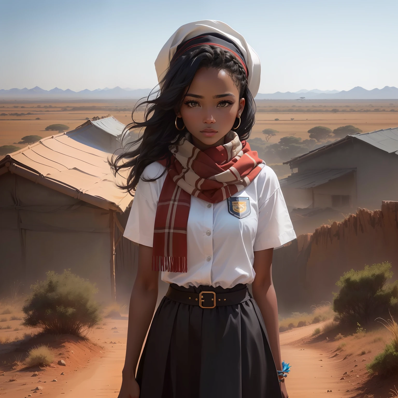 (best quality, master part, Melhor_qualidade, circunstanciado:1.5), Female Mau Mau Fighter (Kenya): vestindo simples, roupas civis bem usadas, wear a used scarf or hat;, e um remendo desbotado da bandeira queniana, with black hair in a braided style and intense brown eyes in an epic Kenyan landscape