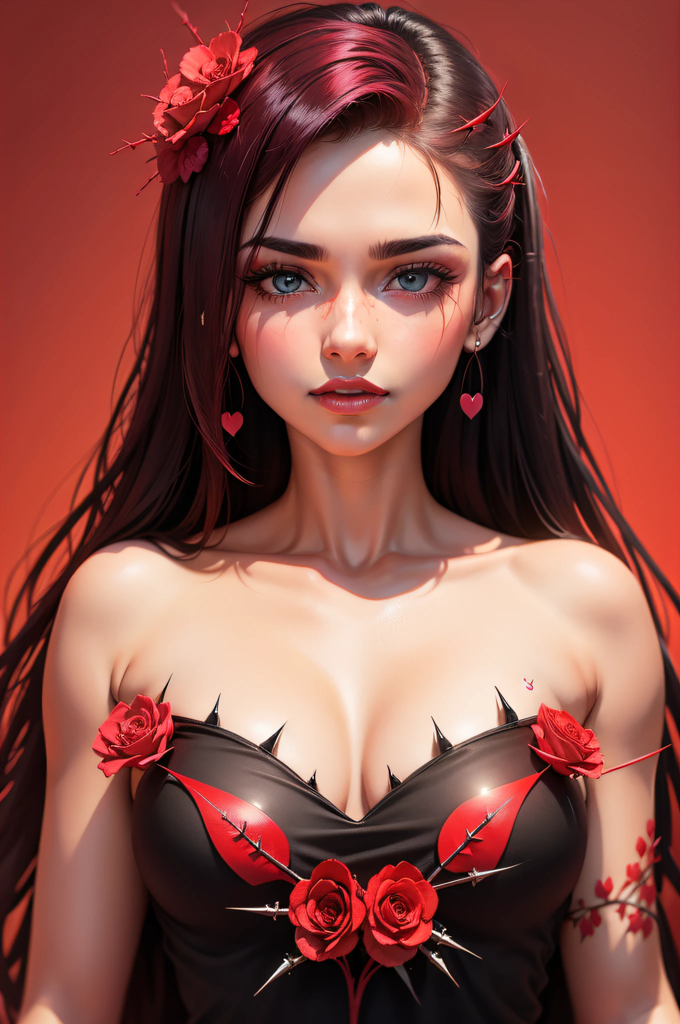 Heart in red, neon, plano de fundo preto, colorful flowers around the heart with thorns