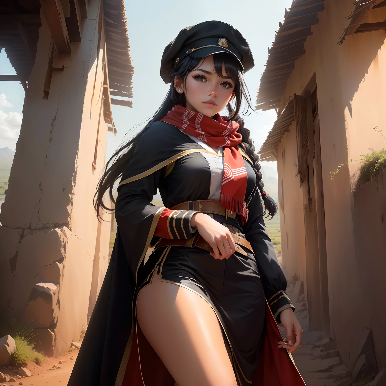 (best quality, master part, Melhor_qualidade, circunstanciado:1.5), Female Mau Mau Fighter (Kenya): vestindo simples, roupas civis bem usadas, wear a used scarf or hat;, e um remendo desbotado da bandeira queniana, with black hair in a braided style and intense brown eyes in an epic Kenyan landscape