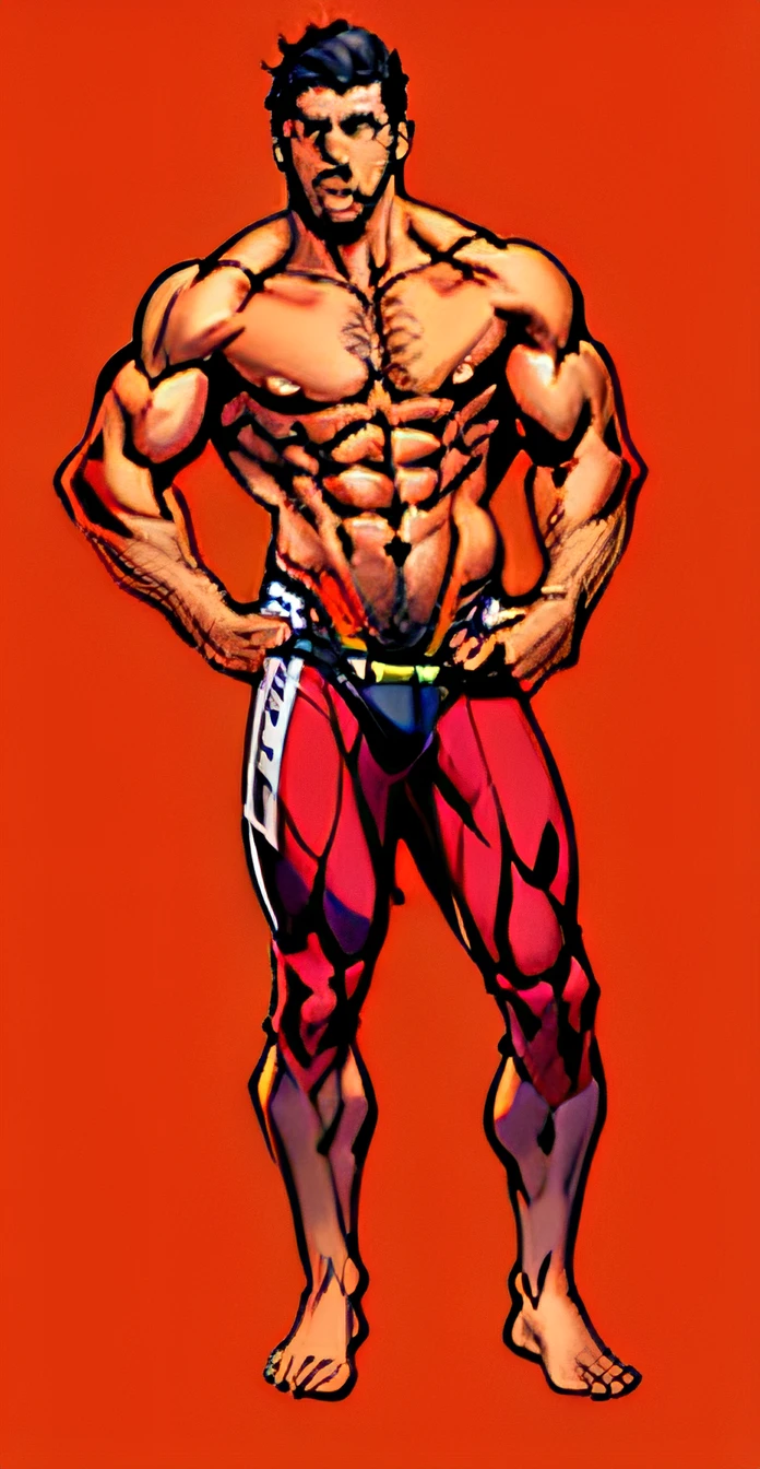 A man standing with his hands on his hips and bodybuilding, Prefeito, corpo perfeitamente sombreado, Pose masculina, musculoso!!, pose masculina heroica, corpo inteiro!!, corpo perfeito e proporcional, pose de bolo de carne, corpo inteiro;, pose de anime bonito, tipo de corpo musculoso, [ adamantly defined abs ]!!, corpo inteiro!