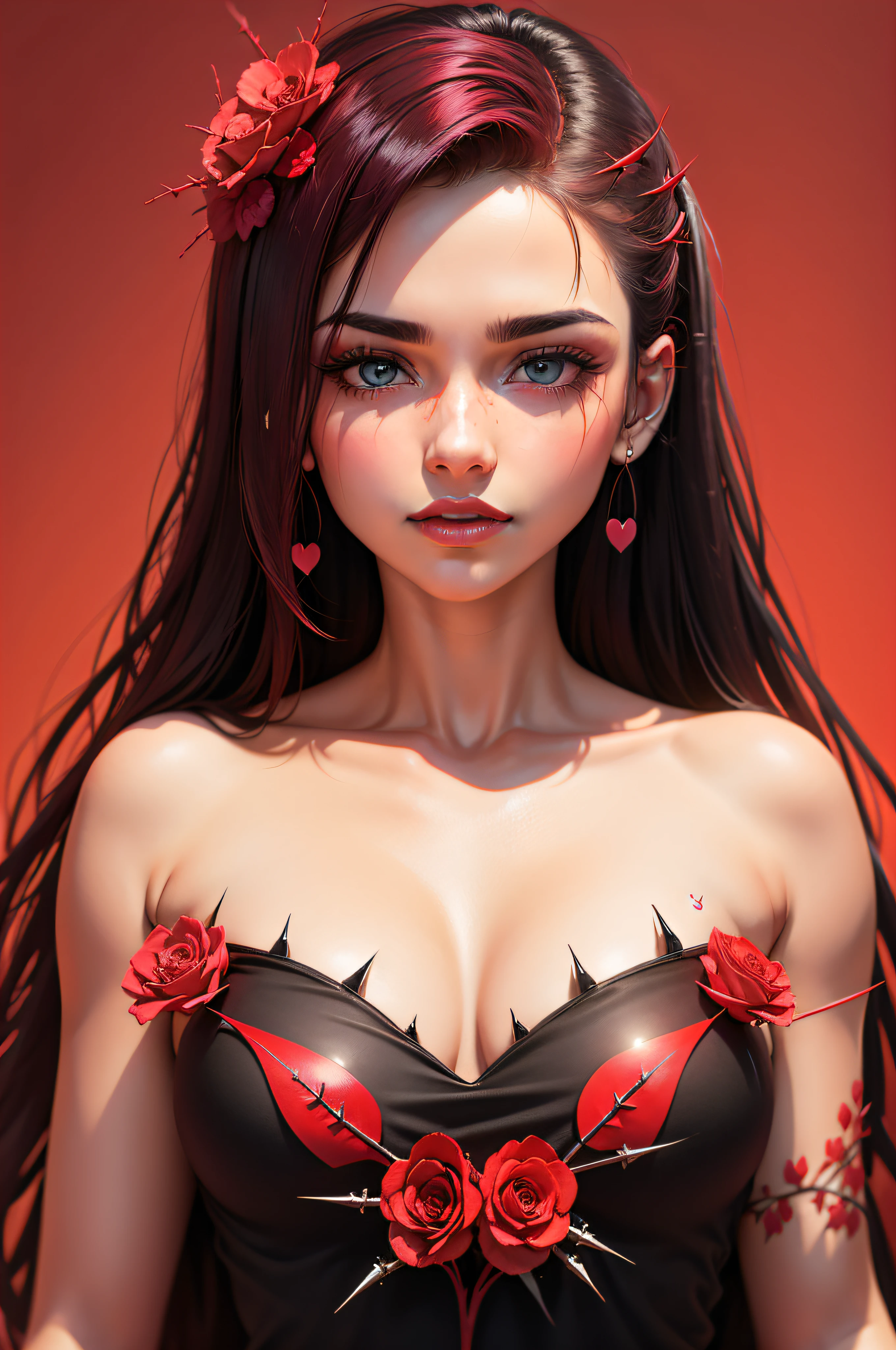 Heart in red, neon, plano de fundo preto, colorful flowers around the heart with thorns