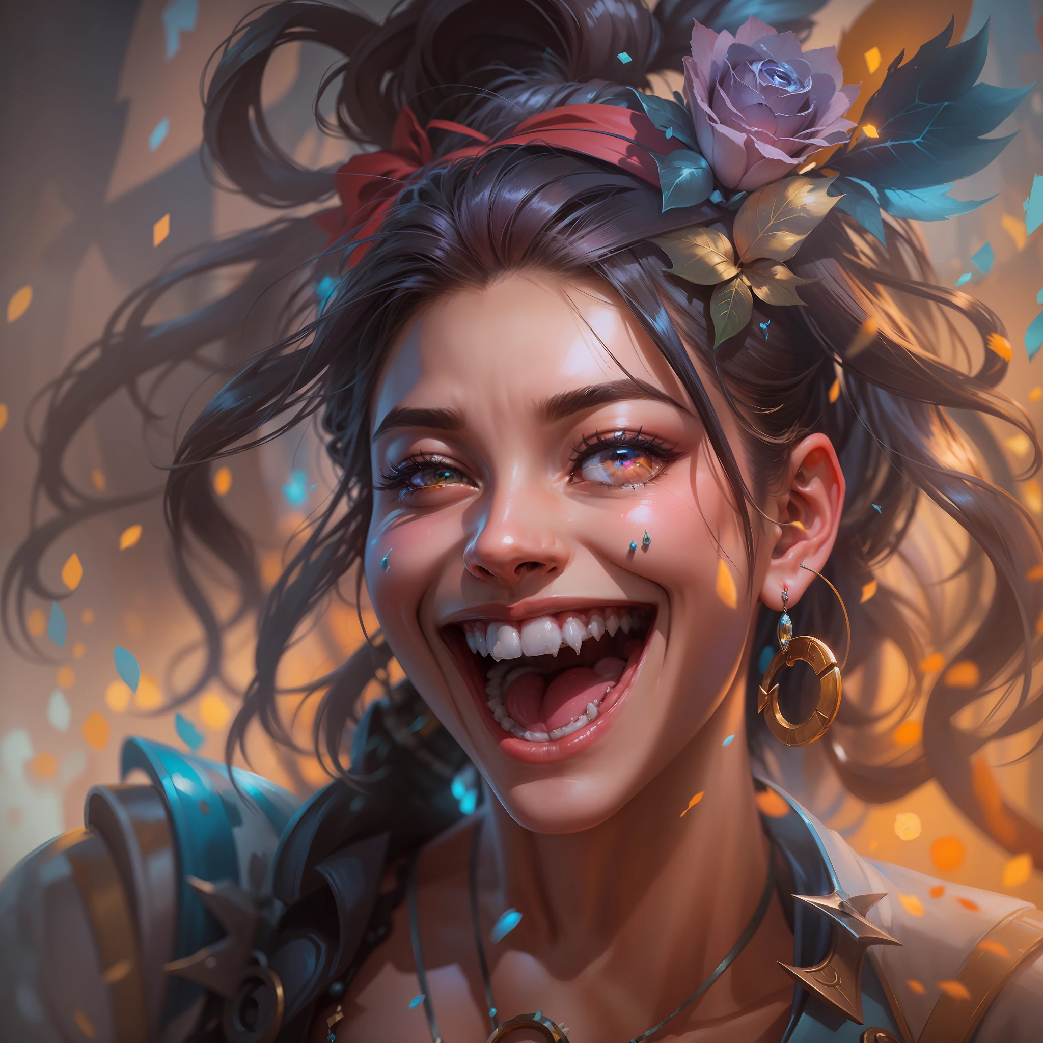 "(obra-prima) A girl laughing in an oil painting, com cores fortes e brilhantes, hiper detalhada, dynamic anatomy, jinx de League of Legends, at a 4k resolution."