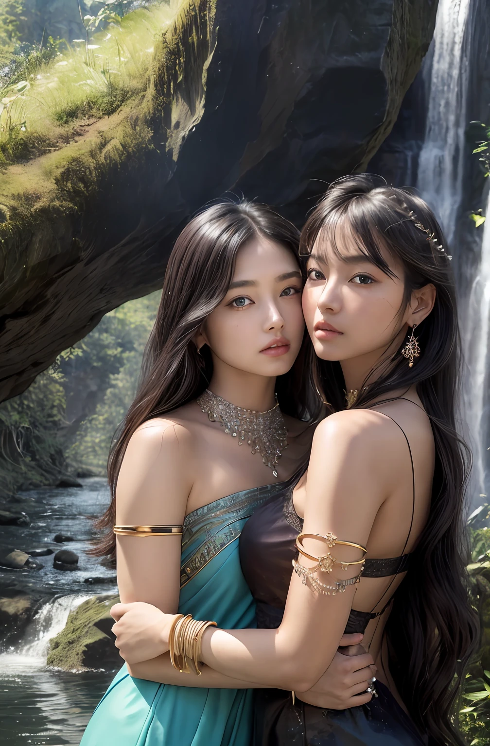 ((Realistic:1.5)),Ulzzang-6500：0.7，((Best quality)), ((Masterpiece)),((Detailed)),2girls,duo,{2 beautiful women}, (Upper body:1.3),Hug and touch each other, Tease your friend's waist, Breathless friends, Biting a friend's earlobe, crouched,super wide shot,Face focus, Long legs,Curvy, Barefoot,Wide hips, Thin legs, Oversized eyes,Long eyelashes, (Detailed face,beautidful eyes, detailedpupils,detailed clothes features, Clear background:1.3), (armlets, bangle:1.3), Mysterious ancient ruins, floresta exuberante, Deep canyon,bridge,River,cliff,Cloud,lakes,Rock music,Waterfalls, Flowers, Grass,grape trees,tree,bright detail,Sharp,Perfect compounding, Intricate, Sharp focus, Dramatic,