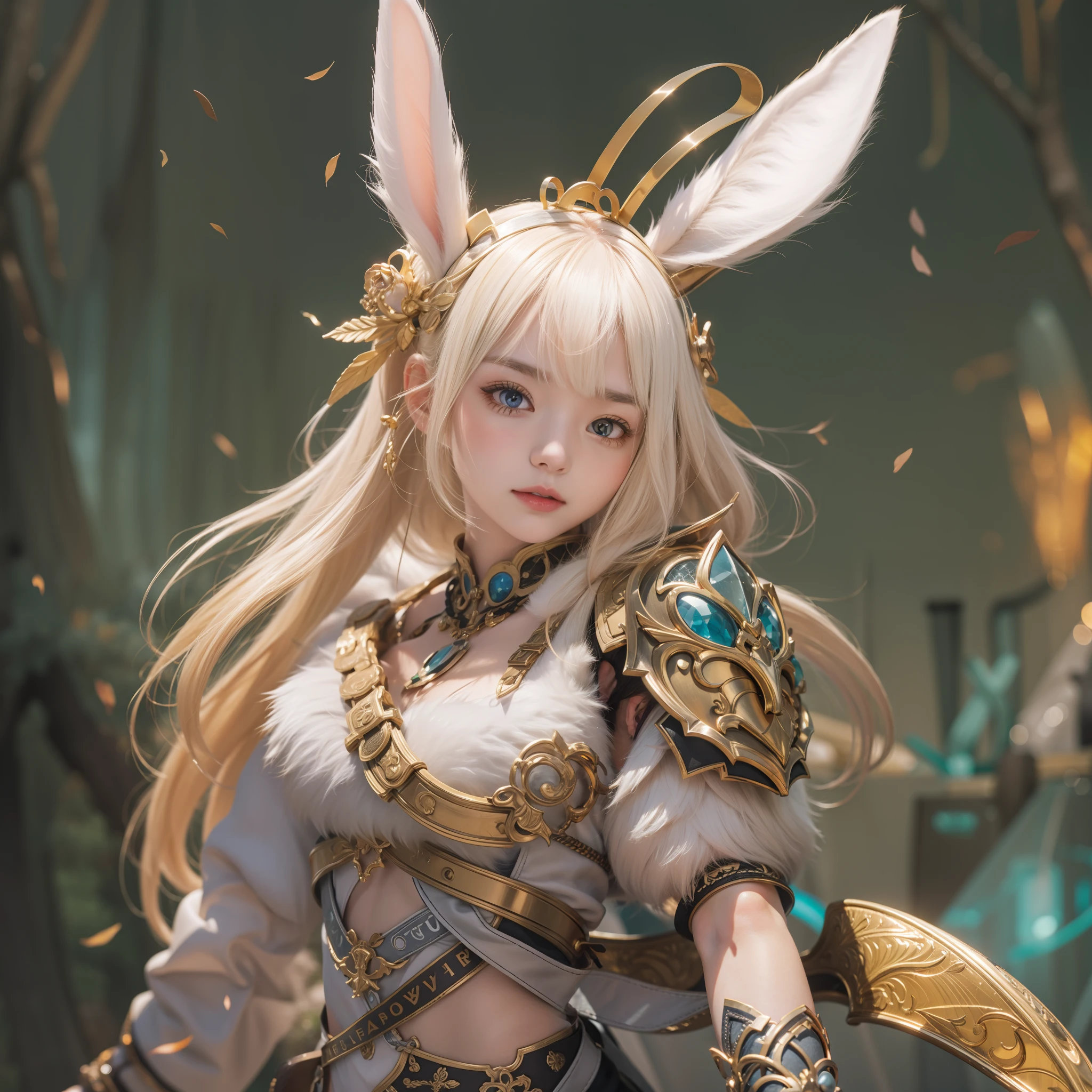 (masutepiece, Best Quality:1.4), Extremely detailed, absurderes, hight resolution,1girl in,Rabbit fur,Fur skins,Rabbit ears,Rabbit tail,Dynamic Pose,Perfect face,White and yellow gradient hair, Ponytail hair,(Jitome:1.5),tareme,rainbow eyes, Glowing eyes,Beautiful eyes,White and gold armor,Sword,with raised arm, BREAK, with vibrant colors,Friendly atmosphere,Sunlight,Warm rays,shadowy, Ray tracing, BREAK, (superfine illustration),(Highly detailed,Highly detailed background),(Sense of depth), BREAK, Fantasy,Tall mountain background, Divided slope, Variety of color tones,A small forest at the foot of the mountain,Left position,Distant city skyline,BREAK, Looking at Viewer, from the front side,