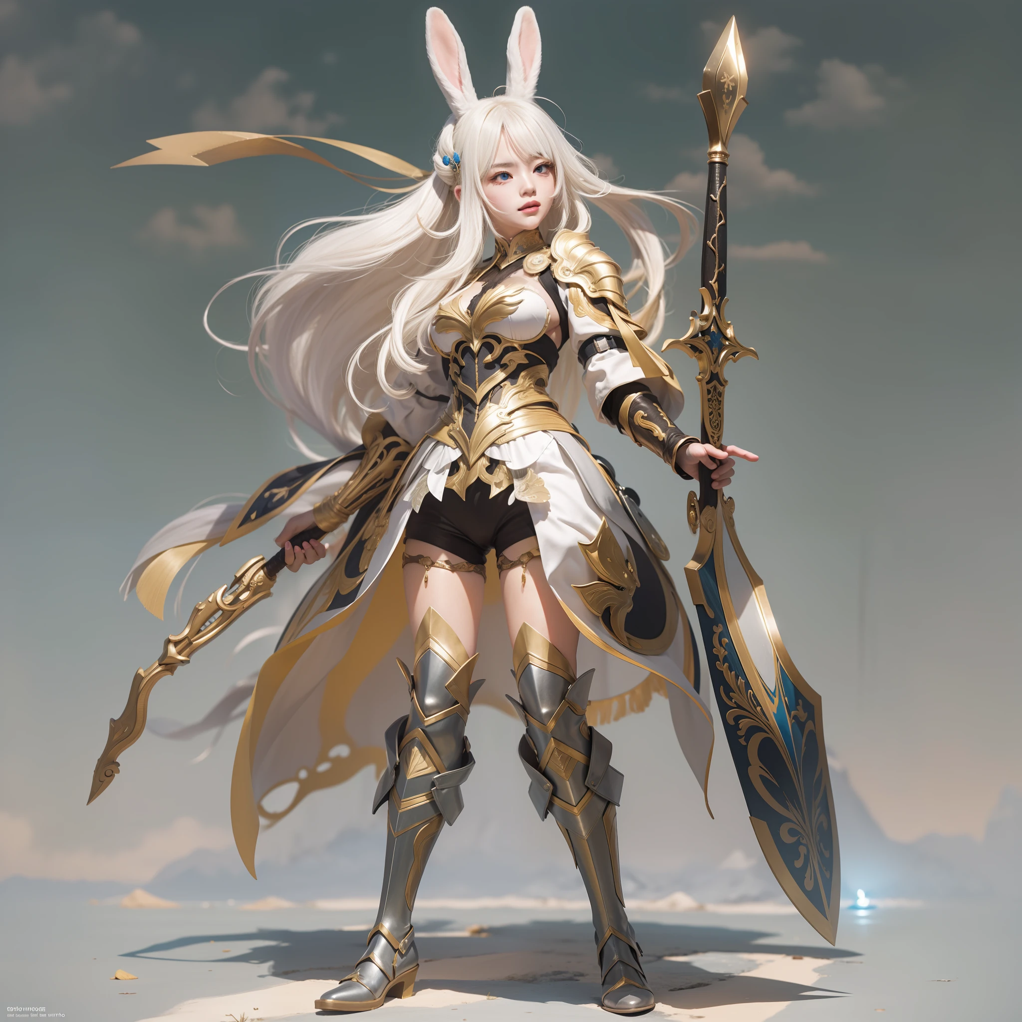 (masutepiece, Best Quality:1.4), Extremely detailed, absurderes, hight resolution,1girl in,Rabbit fur,Fur skins,Rabbit ears,Rabbit tail,Dynamic Pose,Perfect face,White and yellow gradient hair, Ponytail hair,(Jitome:1.5),tareme,rainbow eyes, Glowing eyes,Beautiful eyes,White and gold armor,Sword,with raised arm, BREAK, with vibrant colors,Friendly atmosphere,Sunlight,Warm rays,shadowy, Ray tracing, BREAK, (superfine illustration),(Highly detailed,Highly detailed background),(Sense of depth), BREAK, Fantasy,Tall mountain background, Divided slope, Variety of color tones,A small forest at the foot of the mountain,Left position,Distant city skyline,BREAK, Looking at Viewer, from the front side,