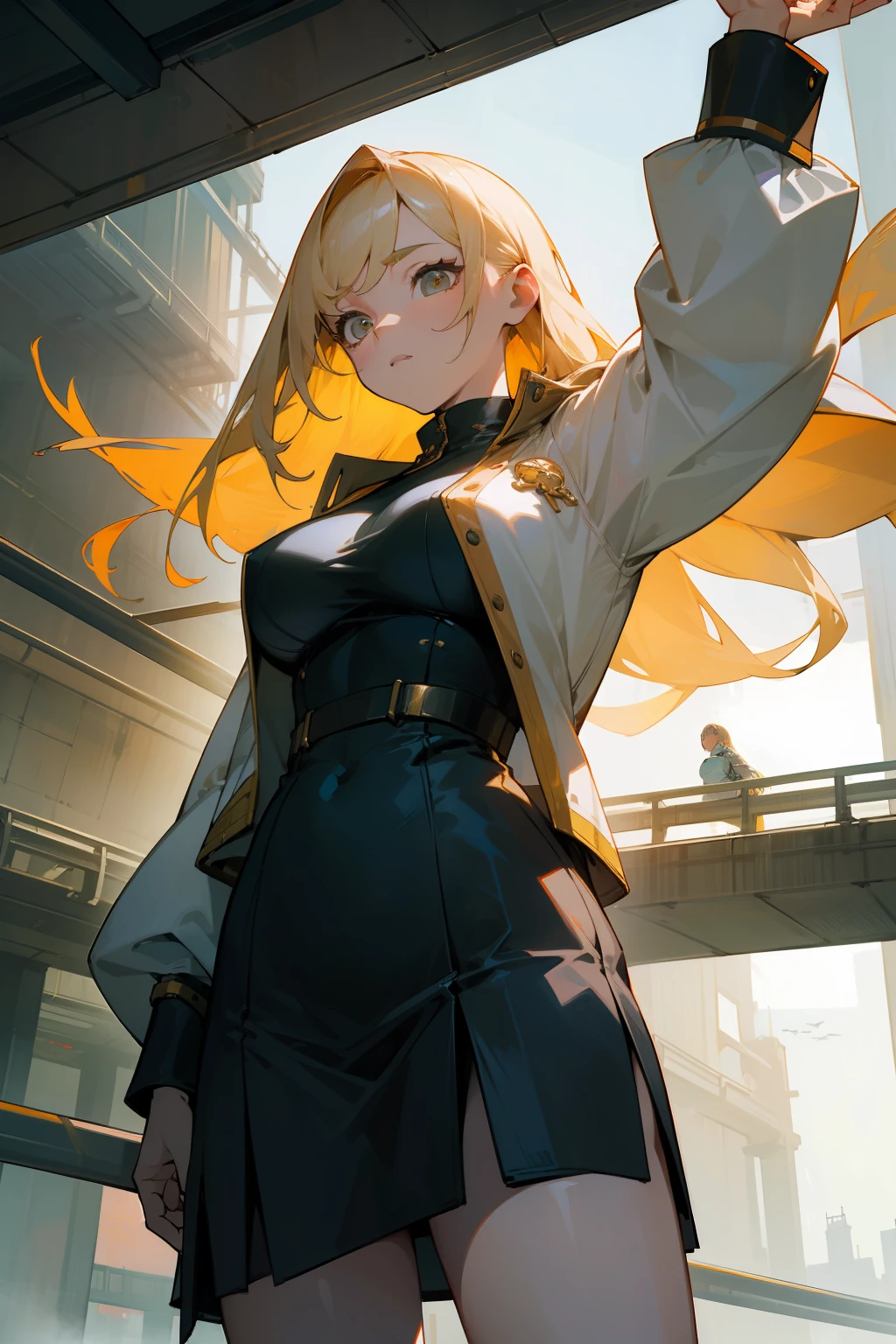 masterpiece、top-quality、Exceptional detail、Underdrain、pipes、Under the overhead、Highway、Futuristic cities、Whales flying in the sky、a 18 year old girl、Golden hair、large full breasts、校服、jumper skirt、Open jacket、Sharp Images、Fashionable、Sateen、