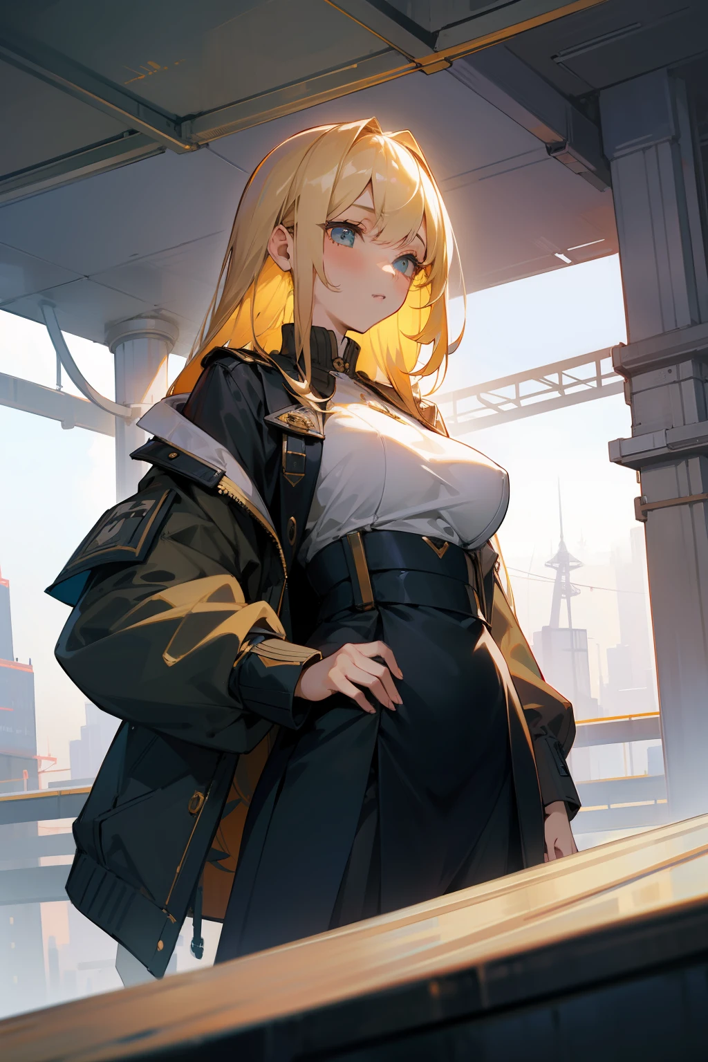 masterpiece、top-quality、Exceptional detail、Underdrain、pipes、Under the overhead、Highway、Futuristic cities、Whales flying in the sky、a 18 year old girl、Golden hair、large full breasts、校服、jumper skirt、Open jacket、Sharp Images、Fashionable、Sateen、