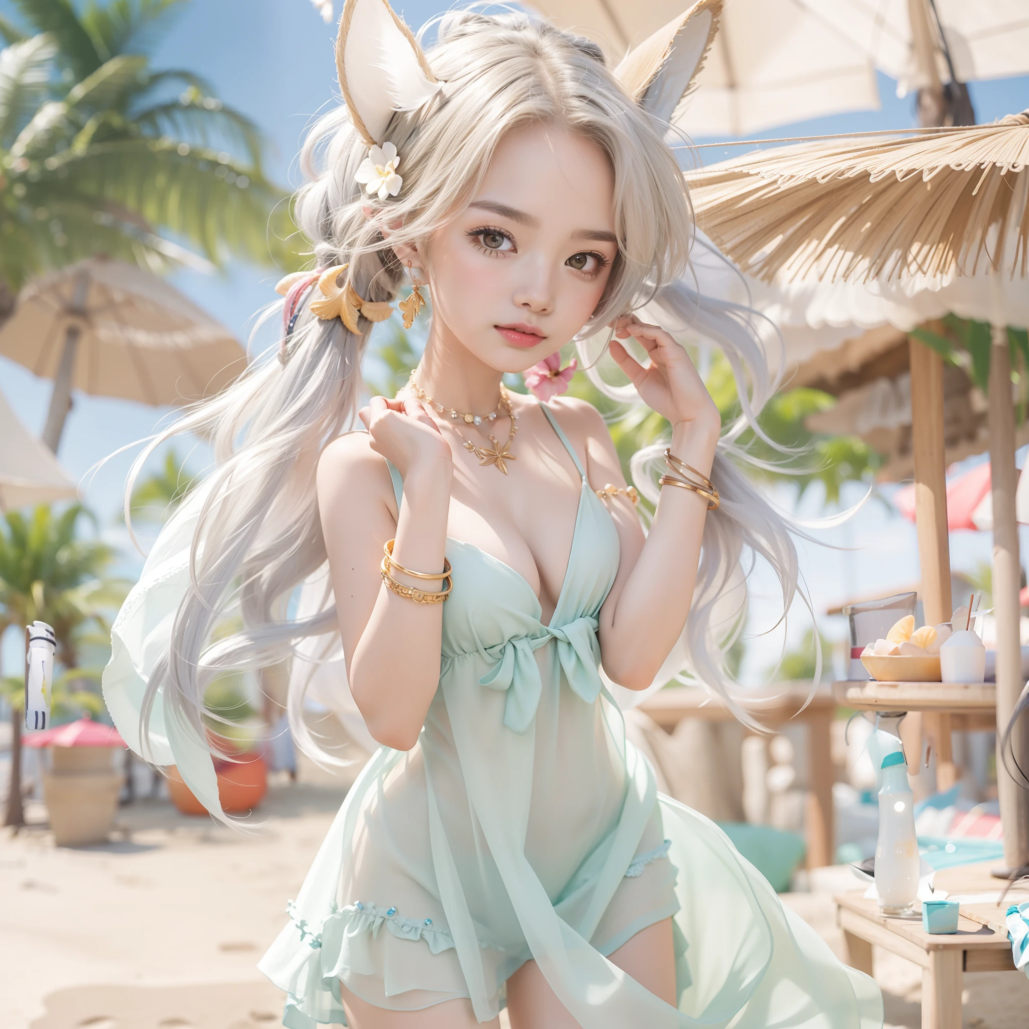 (masterpiece:1.2、top-quality)、garments:translucent dress,and strappy sandals、 accessory:shell necklace、 The hair:poneyTail、 make - up:natural, Glowing skin、 BEReaction:relax、easygoing、Free-spirited、 The location:the beach、Resort、outdoor festival、Akame、Colossal tits、