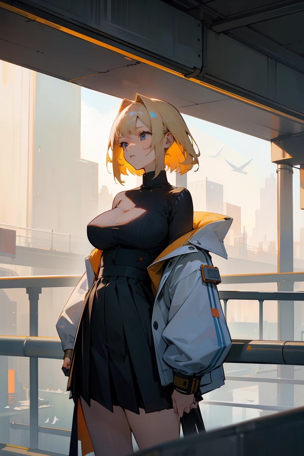 ​masterpiece、top-quality、Exceptional detail、Underdrain、pipes、Under the overhead、Highway、Futuristic cities、Whales flying in the sky、a 18 year old girl、Golden hair、large full breasts、校服、jumper skirt、Open jacket、Sharp Images、Fashionable、Sateen、