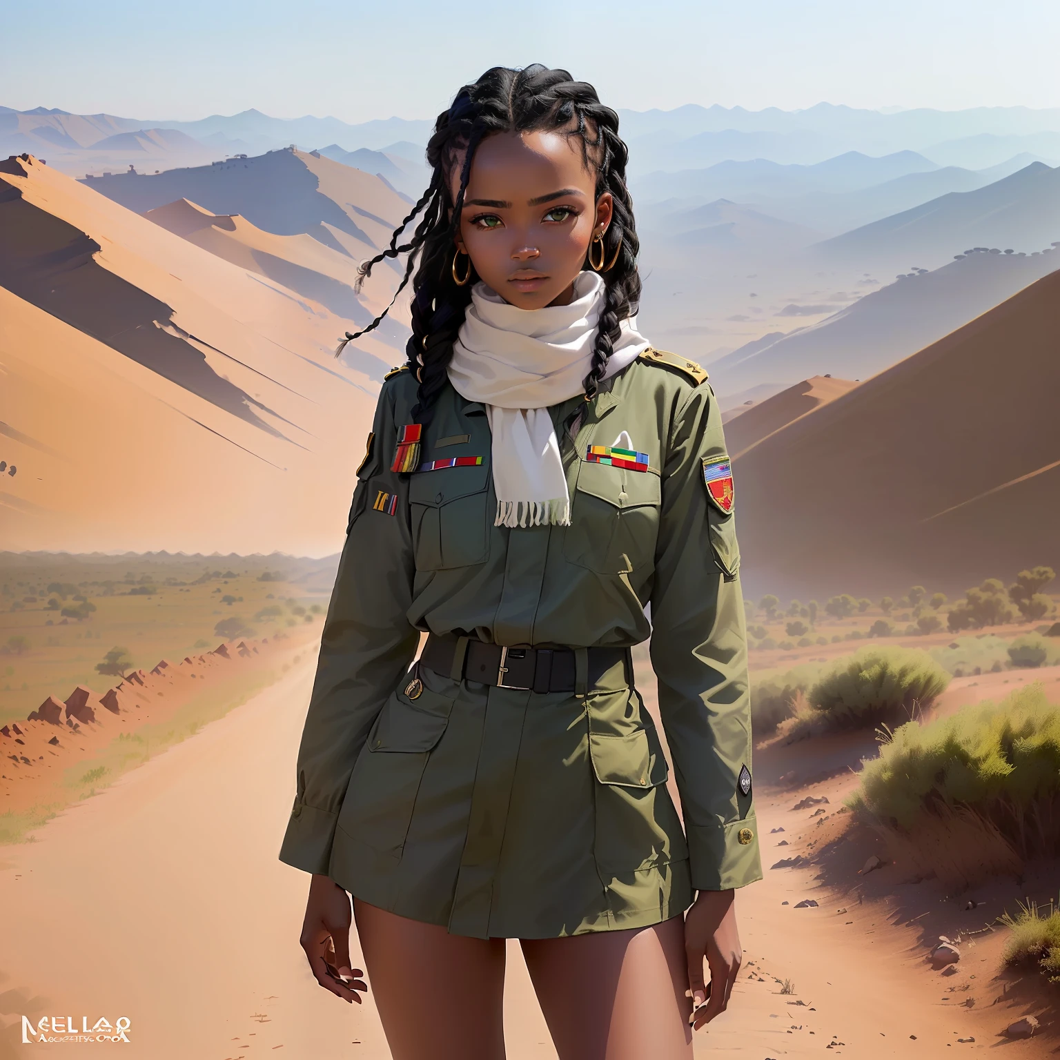 (best quality, master part, Melhor_qualidade, circunstanciado:1.5), Tigray Female Fighter (Ethiopia): Adorned in threadbare civilian clothes or military-style uniforms, wearing used scarf, patch of the Tigray People's Liberation Front, with black hair in a braided style and piercing green eyes in an epic Ethiopian landscape