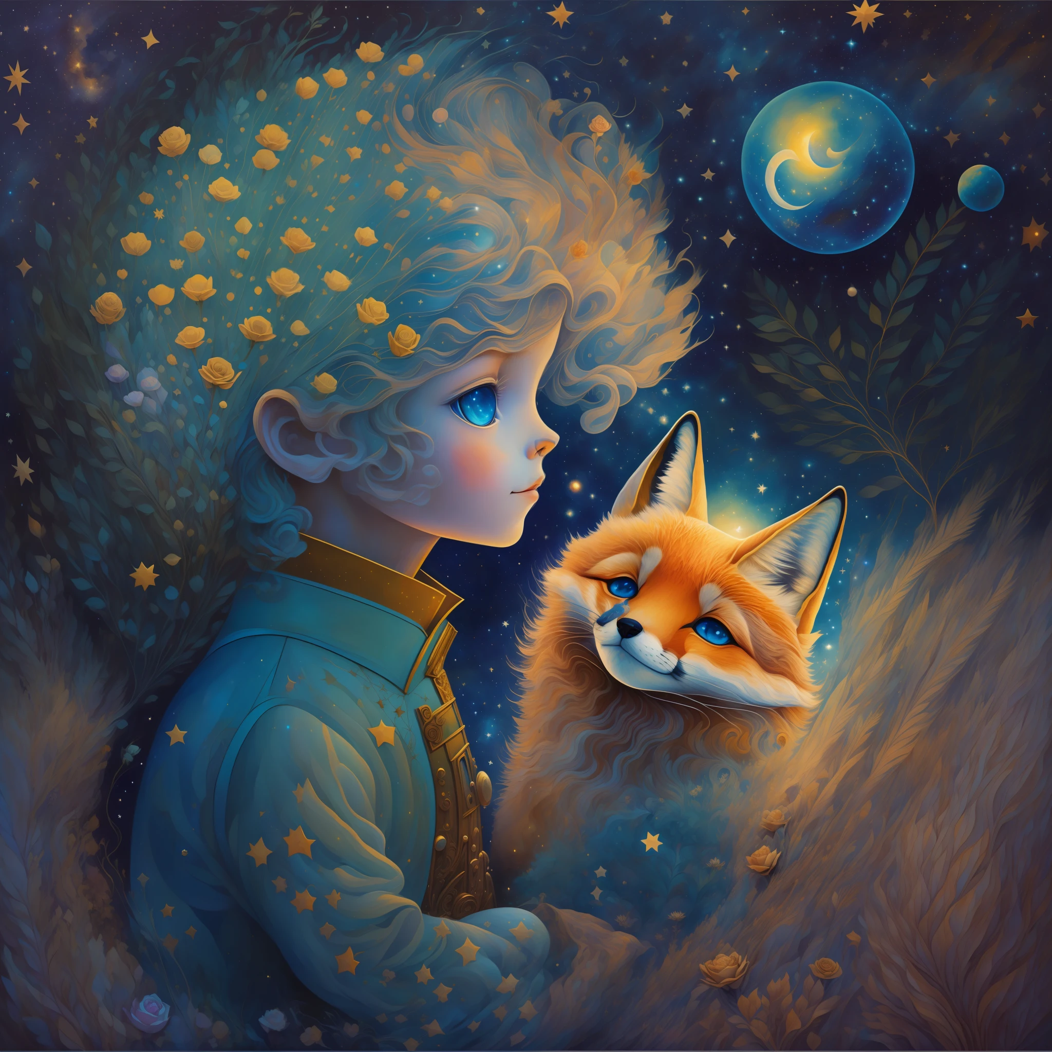half portrait, Best Quality, Masterpiece, extra high resolution, (foto realista: 2.5), surrealism, dream-like, ((The image of the Little Prince)), hair light, blue eyes, Starry sky, night time, Stars, A galaxy next to a fox, There is also a rose and a planet, Sprouted baobabs , ((The Little Prince)), Fairytale painting, A bright light masterpiece, The Little Prince, breathtaking art, illustartion!, by Anna Haifisch, by Julia Pishtar, The landing of Antoine Exupéry, fantastic art, A fairytale work of art, inspiring art, Fantastic works of art