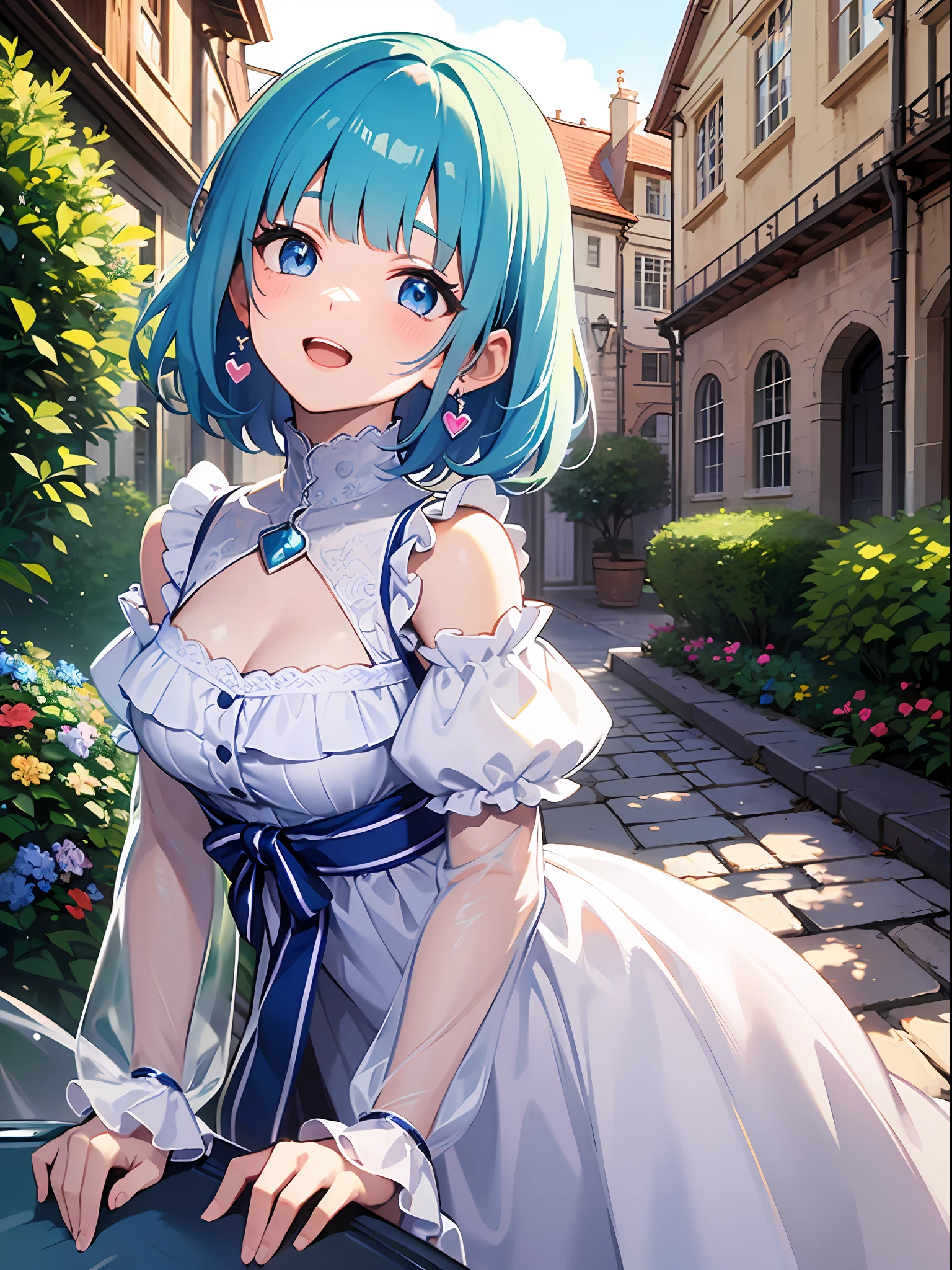 (masterpiece:1.3), (best quality:1.3), high resolution, 


couboy shot, 
leaning forward, 

(one cute girl:1.3), solo, 
white skin, small Breast, eight-headed person, 
light blue hair, (bobbed hair:1.2), (short hair:1.2), (blunt bangs:1.2), beautiful hair, blue eyes, beautiful detailed eyes, 

blush, open mouth, heart, cheerful smile, 

Idol costumes, white and blue clothes, earrings, 

outdoors, flower garden, natural park, medieval western town, 

shadowlighting,