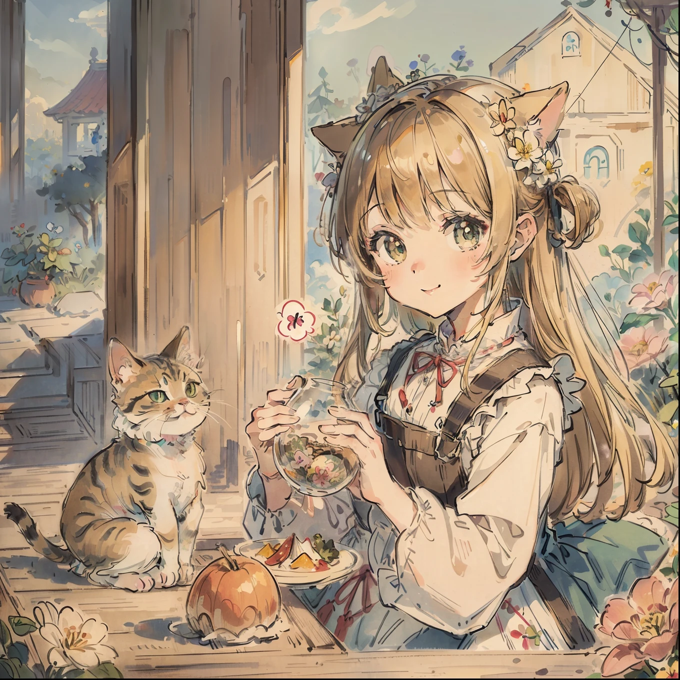 (top-quality、​masterpiece)、A stunning、a cute little cat、Floral dress、pinafore、foods、Warm smile、Hourglass diagram、Floral dress、pinafore、foods、