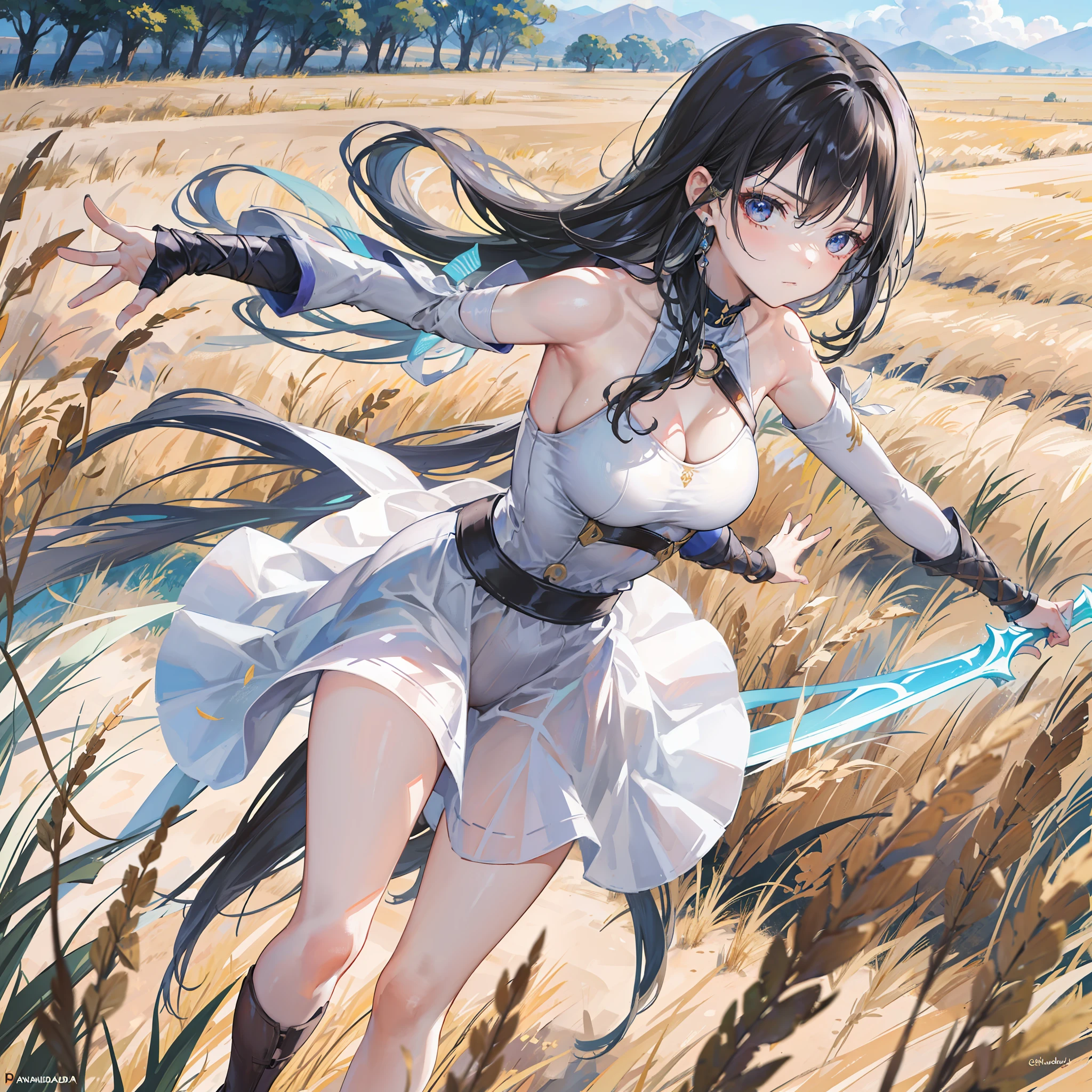 Una guerrera corriendo con los brazos extendidos y una espada en cada mano. Run quickly through a field of grain.. Tiene el pelo largo y suelto, Lleva armadura de cuero grueso y madera.