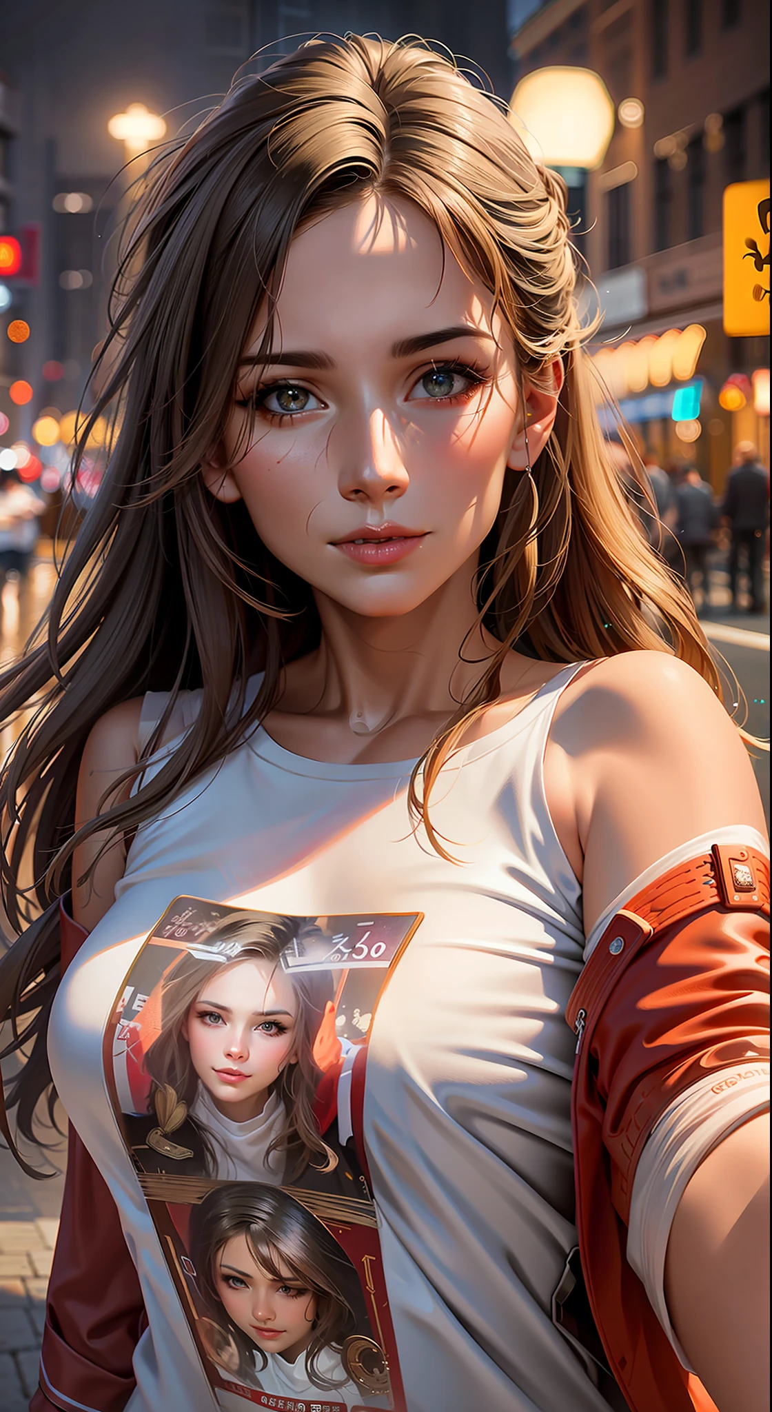 There is a woman, who takes a selfie on the street, realistic 4k digital art, realistic 4k digital art, Close-up portrait of a character, beautiful digital artwork, 8K Artgerm Bokeh, photorealistic artstyle, artwork in the style of guweiz, realistic art style, photorealistic anime girl render, cgsociety portrait, wojtek fus