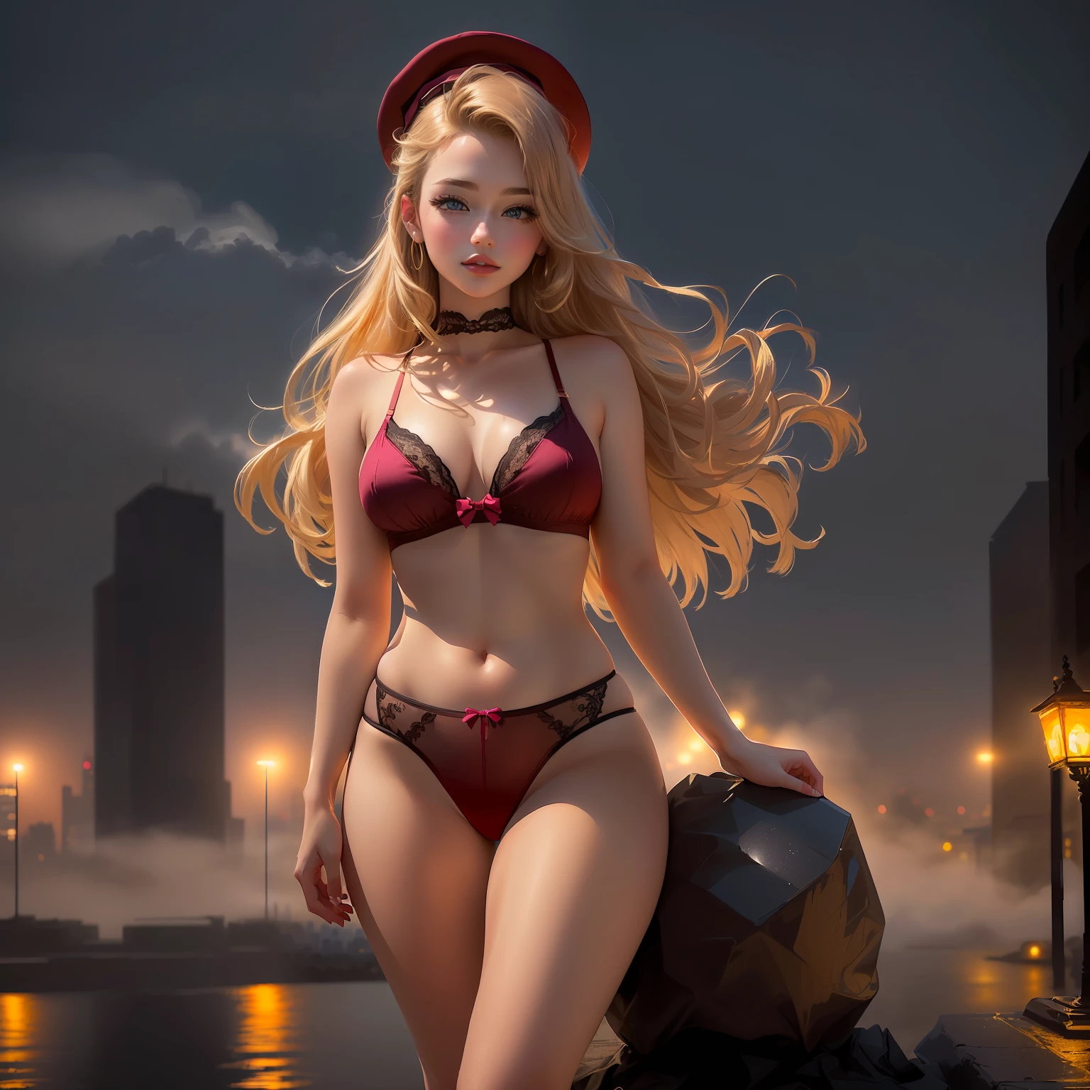 (best quality, master part, Melhor_qualidade, circunstanciado:1.5),Sculpture, expressive, Rodin, Pink Mesh Bralette and High-Waisted Panty Set, Lean, Oval Face, Porcelain Skin, Curved Nose, Bow-shaped Lips, Square Chin, Burgundy sheer lipstick, hat, golden blonde Coarse Hair Long Hair Bangs, with a foggy atmosphere in the background, twinkling city lights in the distance