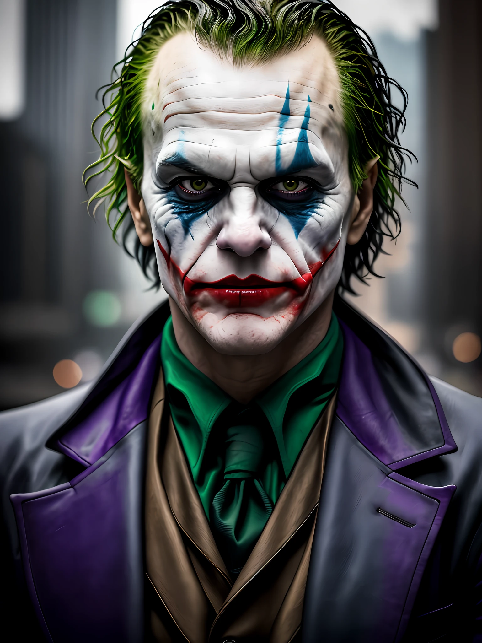 dark and gloomy, hyper realism, 8k, a close up photo of the joker , perfect eyes, lifelike texture, dynamic composition, Fujifilm XT2, 85mm F1.2, 1/80 shutter speed, (bokeh), high contrast, gotham city background