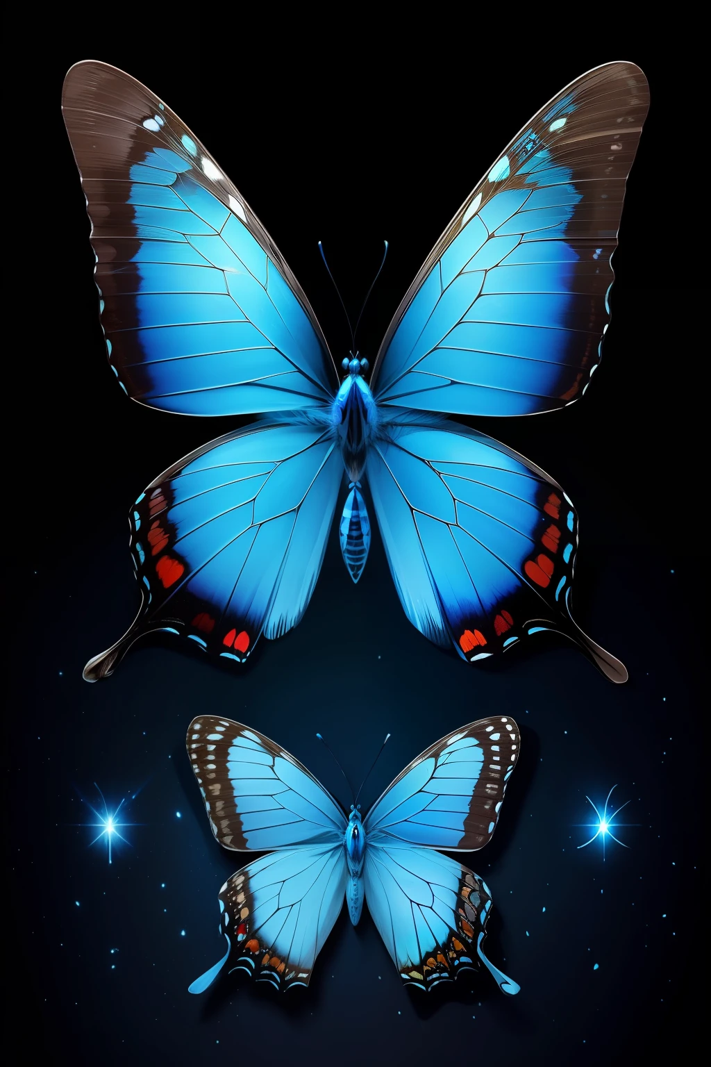 ((masterpiece, ultra detailed)), a blue butterfly, blue light, cosmic wings, focus butterfly,((skecht))