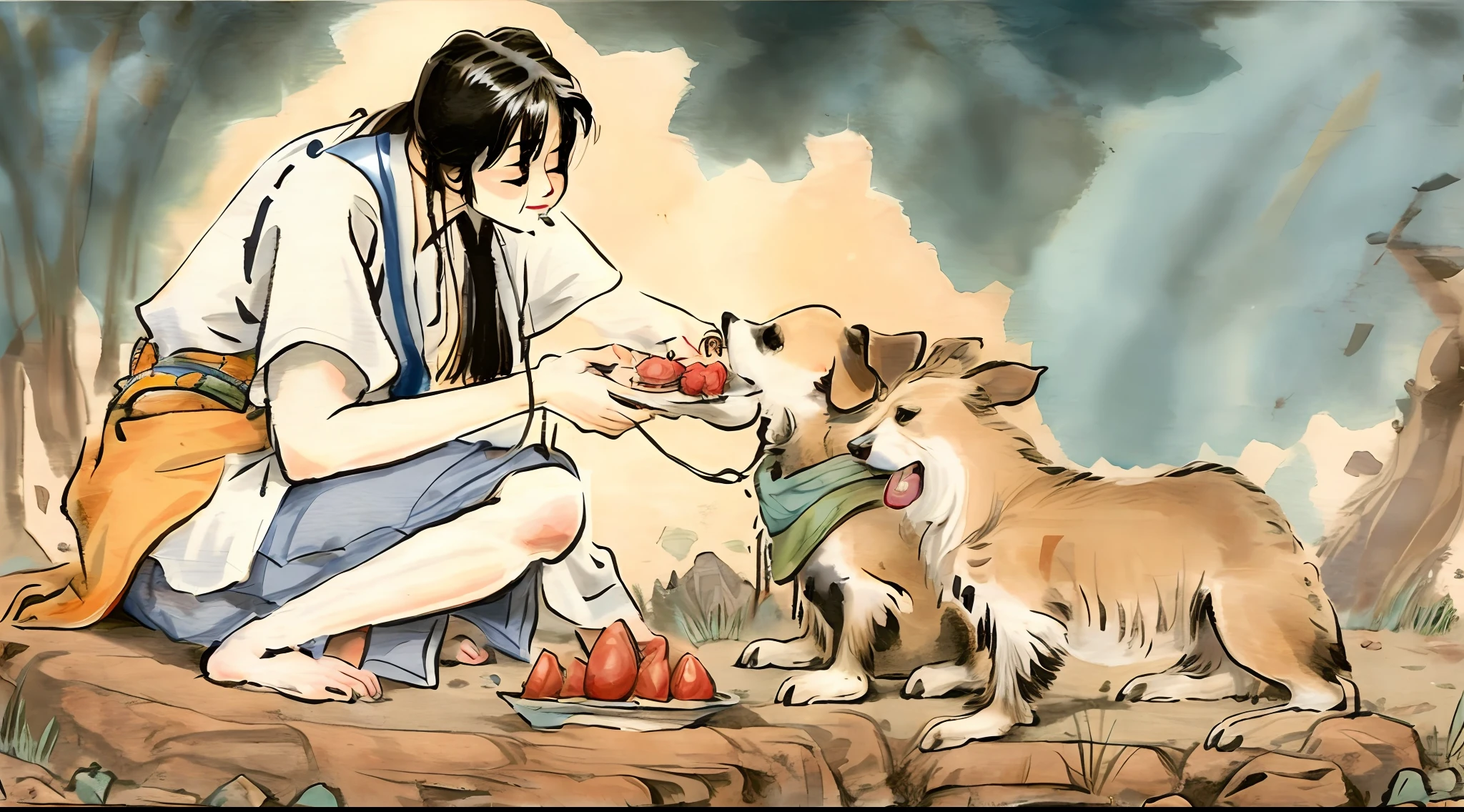 An illustration depicting a person practicing acts of kindness and compassion, como alimentar um cachorro de rua. This shows that love can be expressed through altruistic actions and bring benefits to both the practitioner and the receiver.